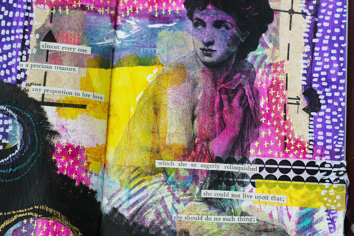  E=M C Layered is a mixed media class teaching you the step by step method I have developed for creating beautiful spreads in your Art journal that are full of depth, interest and drama but are without the bulk. No more strain on your poor journal sp