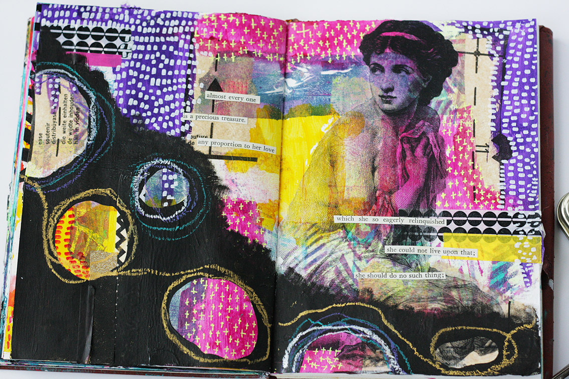 E=M C Layered is a mixed media class teaching you the step by step method I have developed for creating beautiful spreads in your Art journal that are full of depth, interest and drama but are without the bulk. No more strain on your poor journal sp