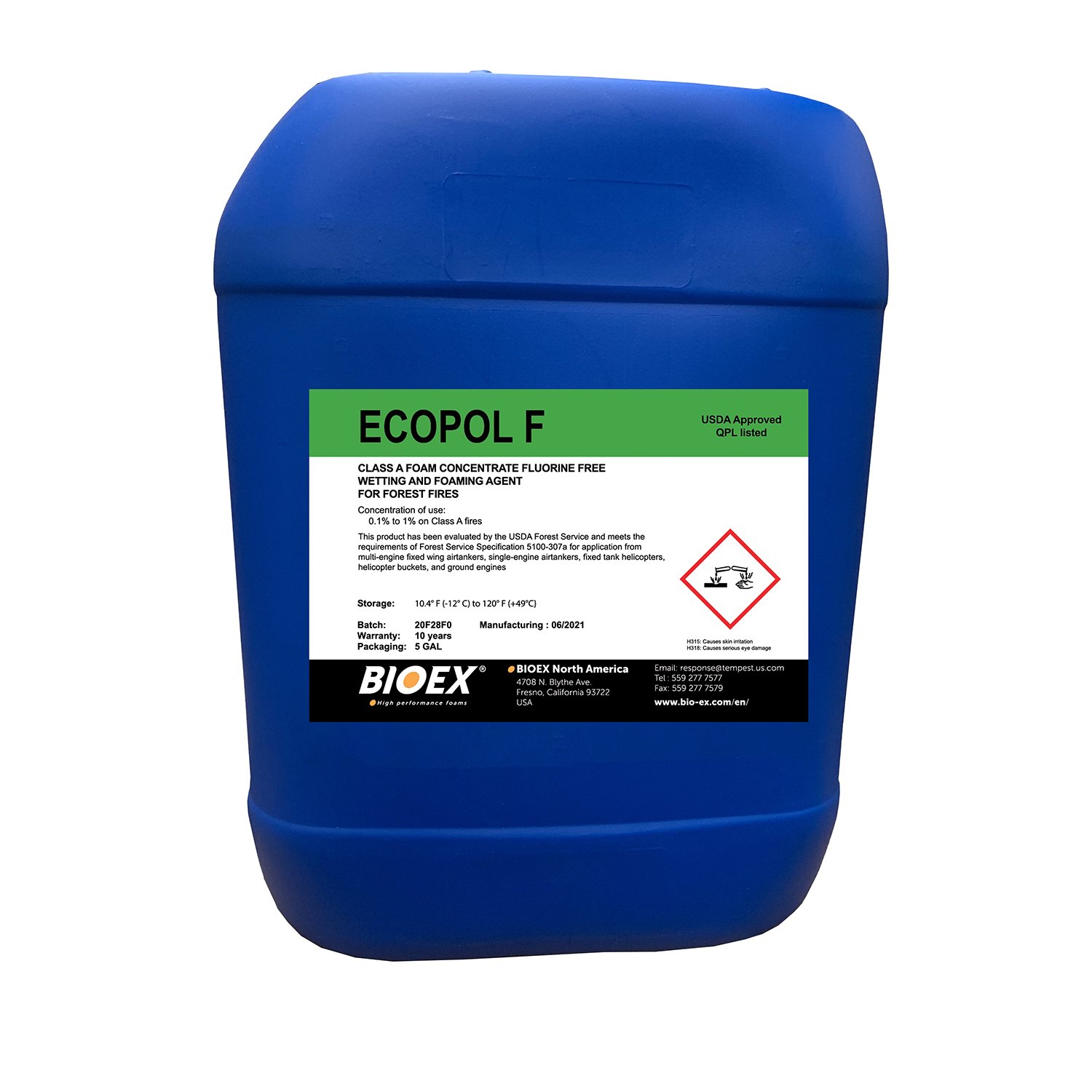 BIO-EX Firefighting Foam: ECOPOL F, Class A Wildfires, Ethanol/Proprietary Mixture of Surfactants