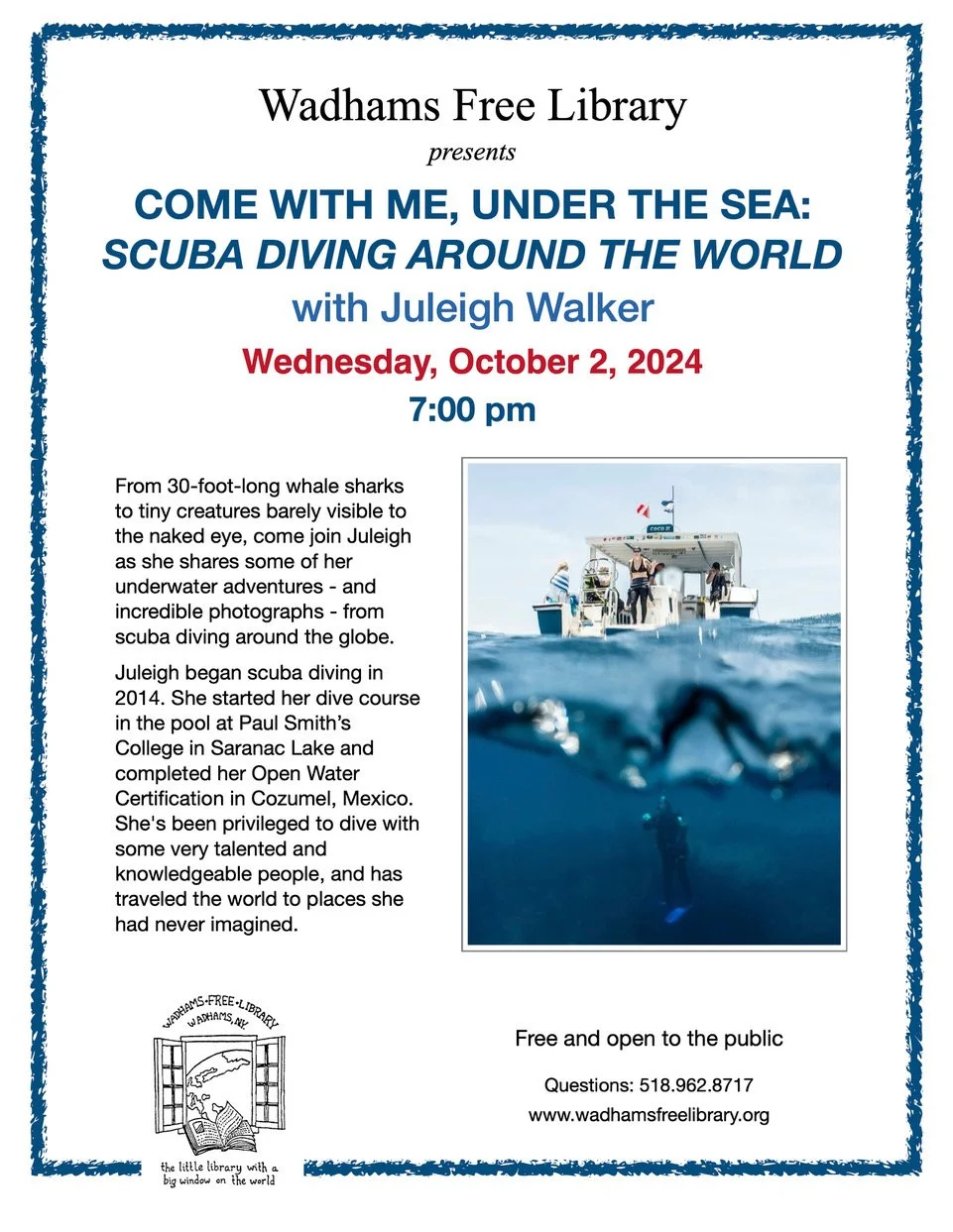 Wadhams Free Library Lectures Summer/Fall 2024-October 2 Juleigh Walker Come with Me, Under the Sea: Scuba Diving Around the World