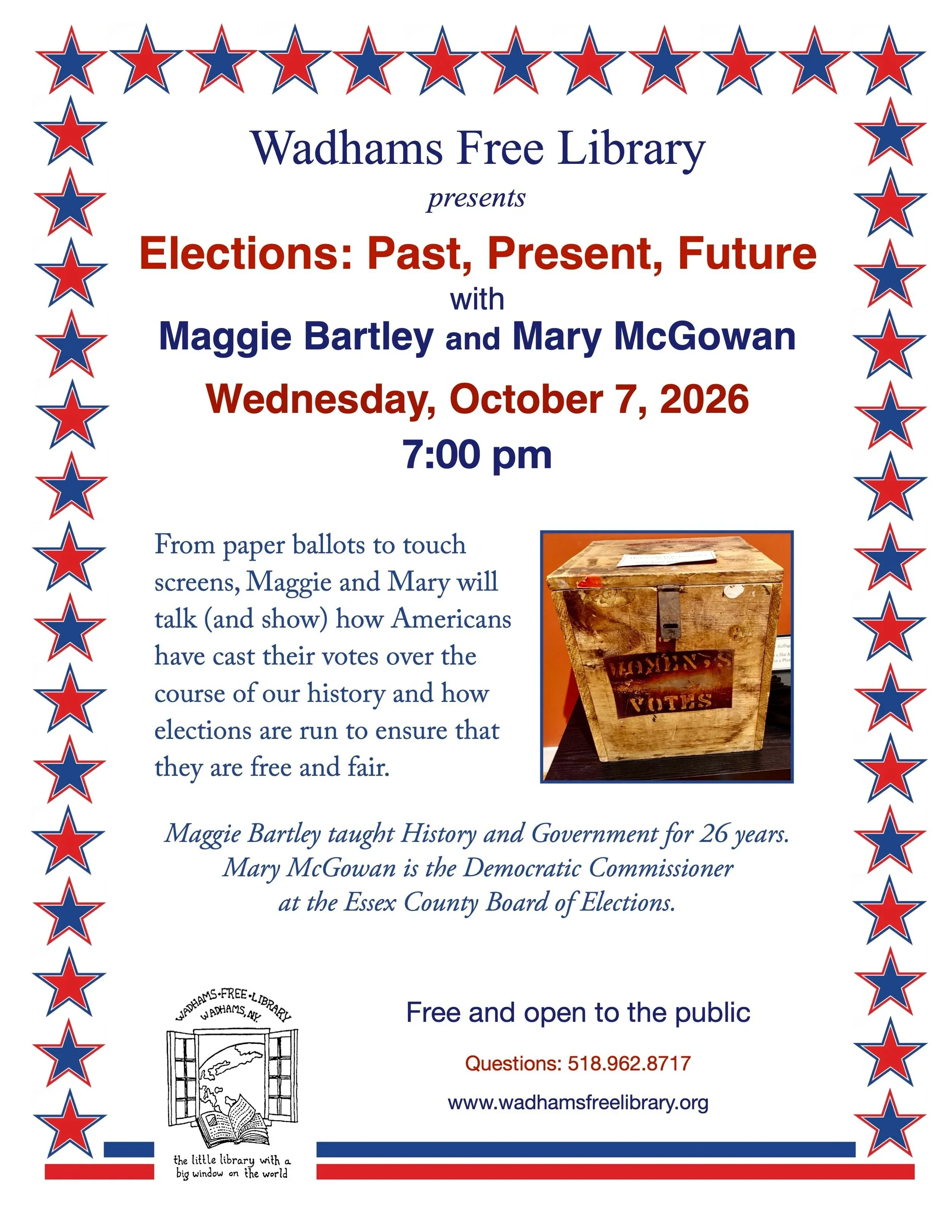 Wednesday at Wadhams Free Library  Fall lectures 2026 - Elections: Past Present Future/ Maggie Bartley