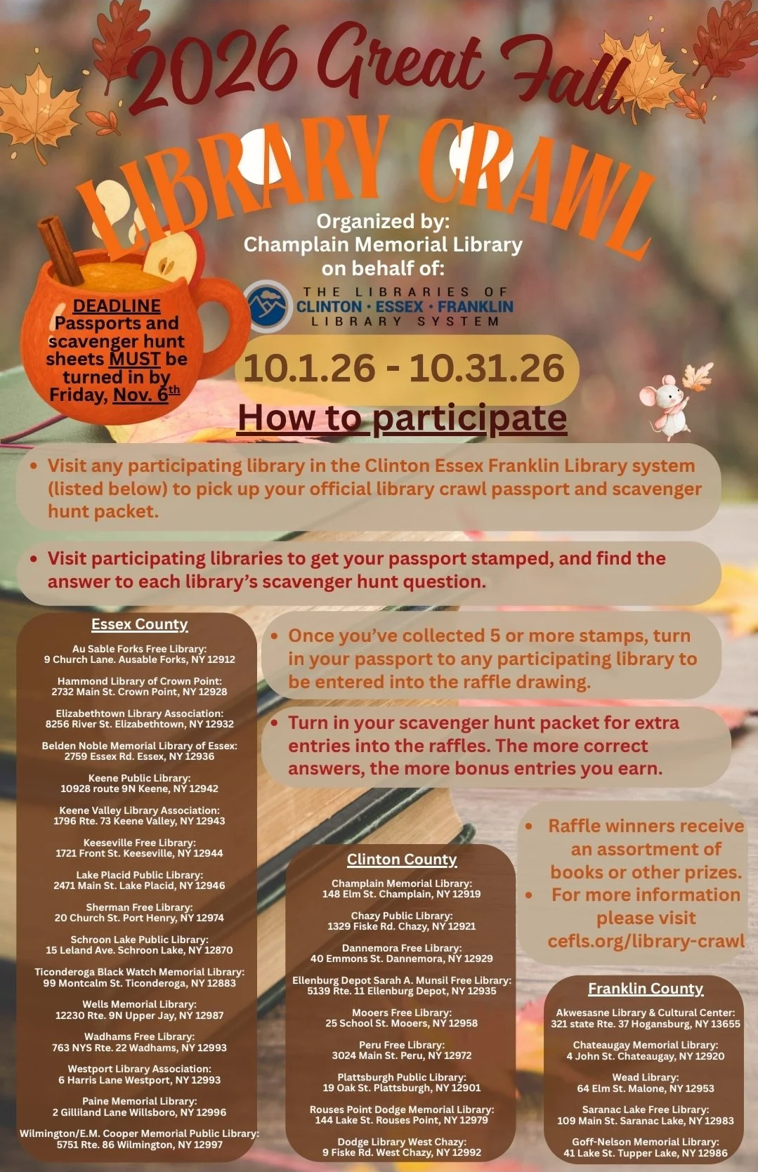 fall themed library crawl poster, small brown county participating libraries, instruction register and deadlines