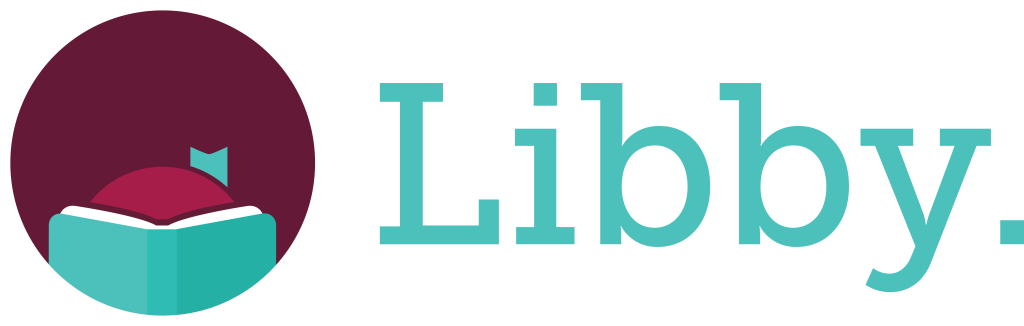 Libby app round logo maroon back ground, head with teal bow reading a teal book