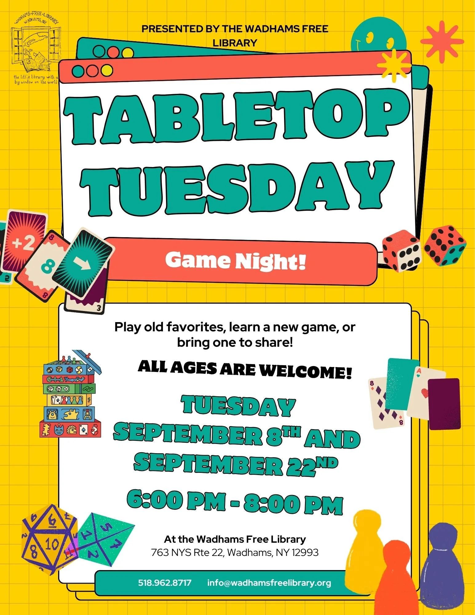 tabletop tuesday game night, game symbols around border, all ages welcome September 8th + September 22nd, 6-8pm, yellow graph background