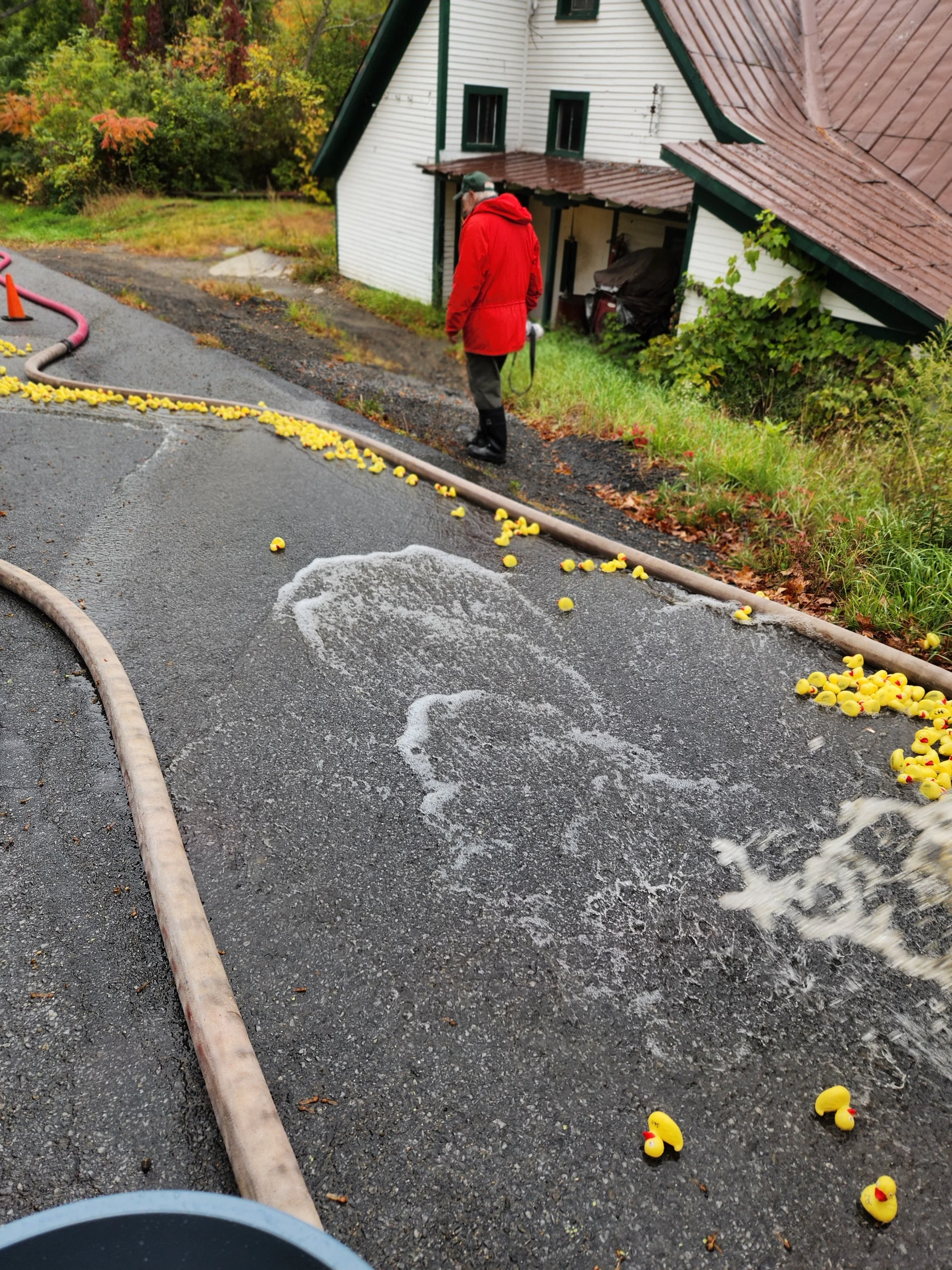 image ducks being washed down the race course lined with fire hoses and water flowing person in red coat walking to the finish line