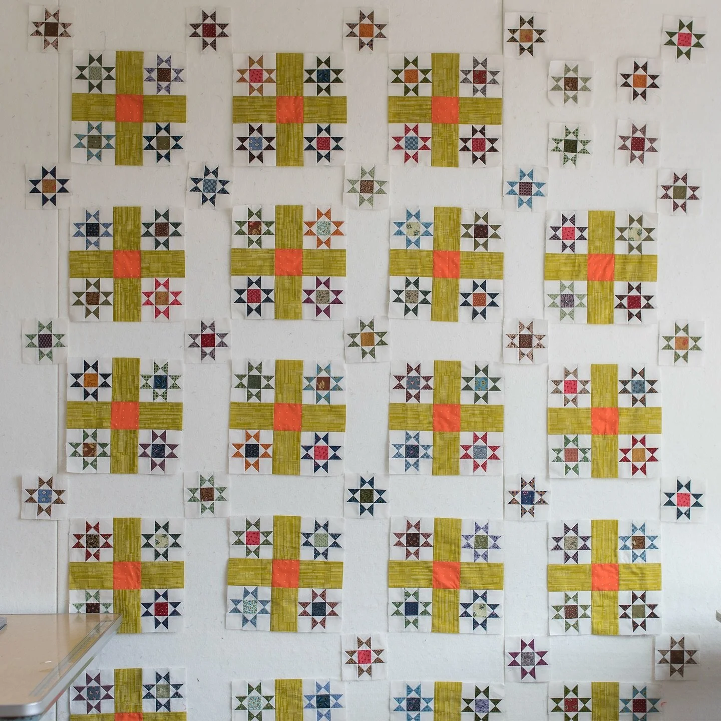 Here&rsquo;s the layout with all but one block done. I&rsquo;ll finish that last block when I get more of the baby poop green/mustard fabric. I put out the call and the internet provided! This top will be finished soon!

This is a remake of an 1870s 
