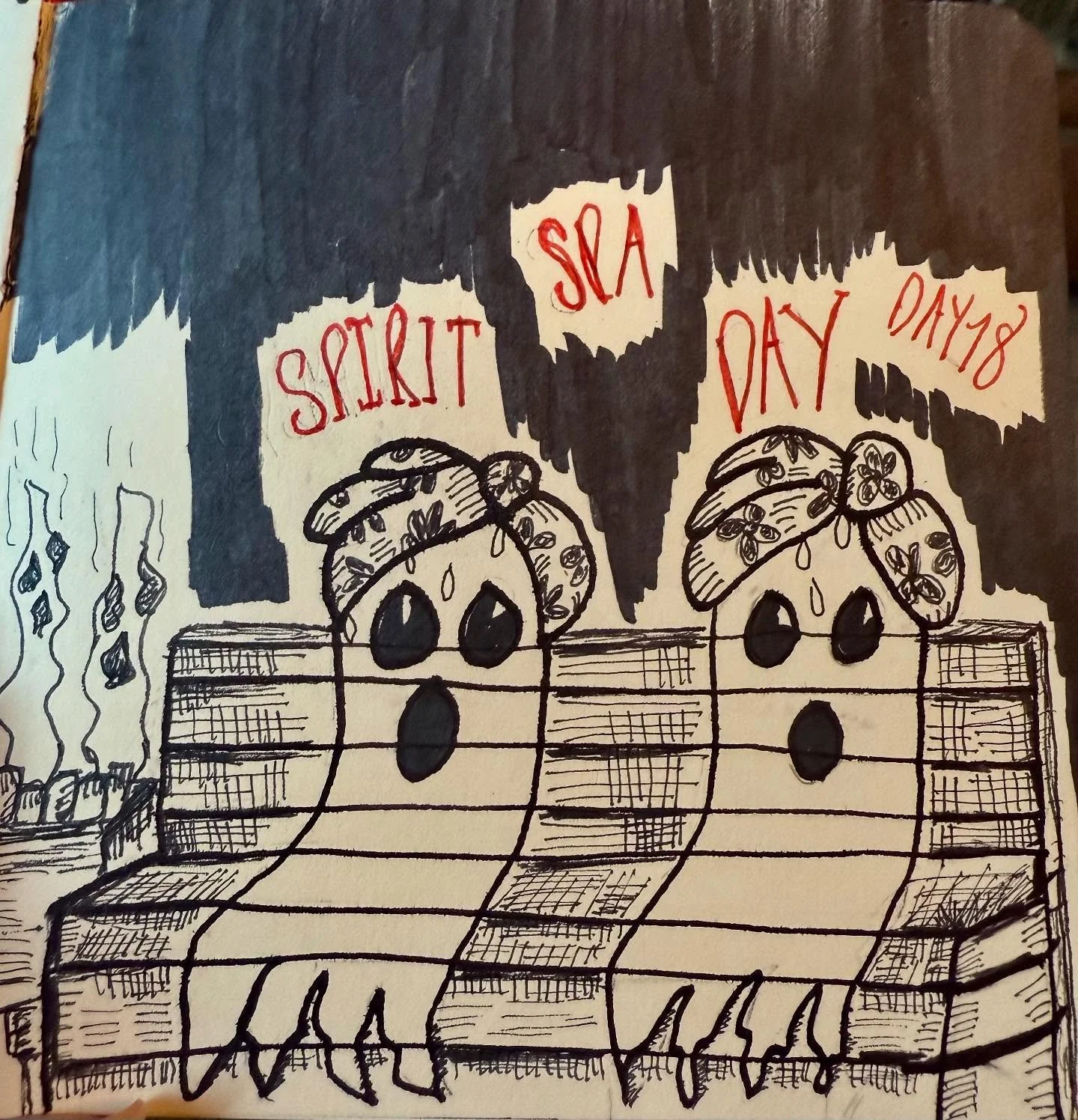 👻 Spirit Spa Day &mdash; #Inkwelltober Day 18 🧖&zwj;♀️

These two little ghosts totally get it &mdash; sometimes you&rsquo;ve just got to sit, sweat it out, and let your spirit relax. 💆&zwj;♀️💫

This prompt hit home because I recently had the lov