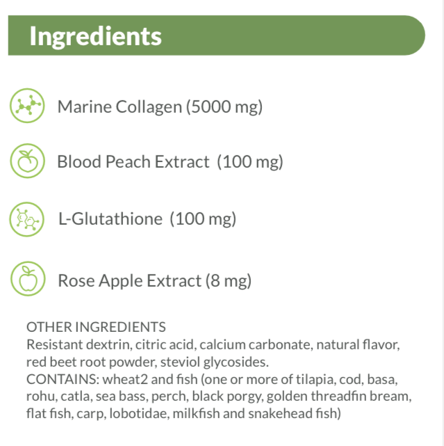 ingredients: Marine Collagen (5000 mg), Blood Peach Extract (100 mg), L-Glutathione (100mg), rose apple extract (8 mg)