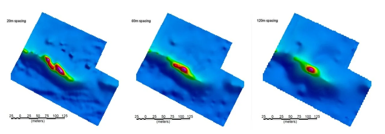 Comparison of geological resolution in drone magnetic data sets of various line-spacings. The survey MUST be flown at a height equal to or lower than the line-spacing to achieve these results.