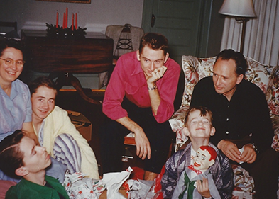 Christmas, maybe 1955. My mom is at the far left and my dad is sitting in the armchair at the right. My brothers are Doug, next to my mom; Dave, with the hipster mustache; and Lee, leaning forward next to my dad. And yes, that's me, making a face for the camera, with my new Jerry Mahoney dummy. At the time, my dream was to become a ventriloquist.