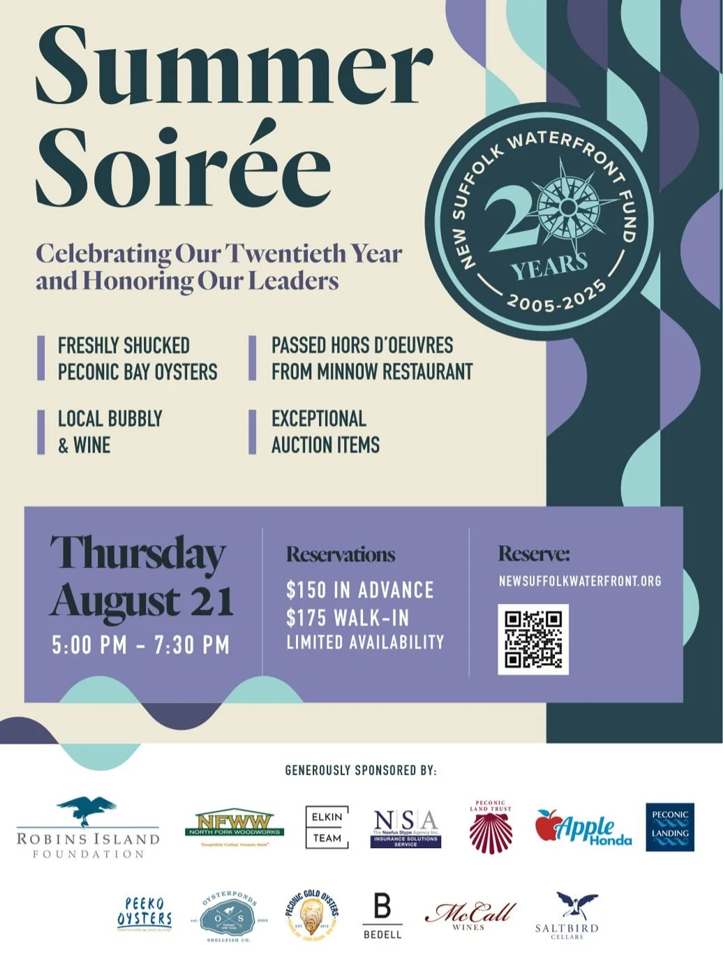It&rsquo;s that time! Our 20th anniversary calls for a memorable celebration at the Waterfront. Honoring our Four Founding Leaders, with oysters, local wines and a live auction for the ages, we hope to see you down at the Waterfront on Thursday, Augu