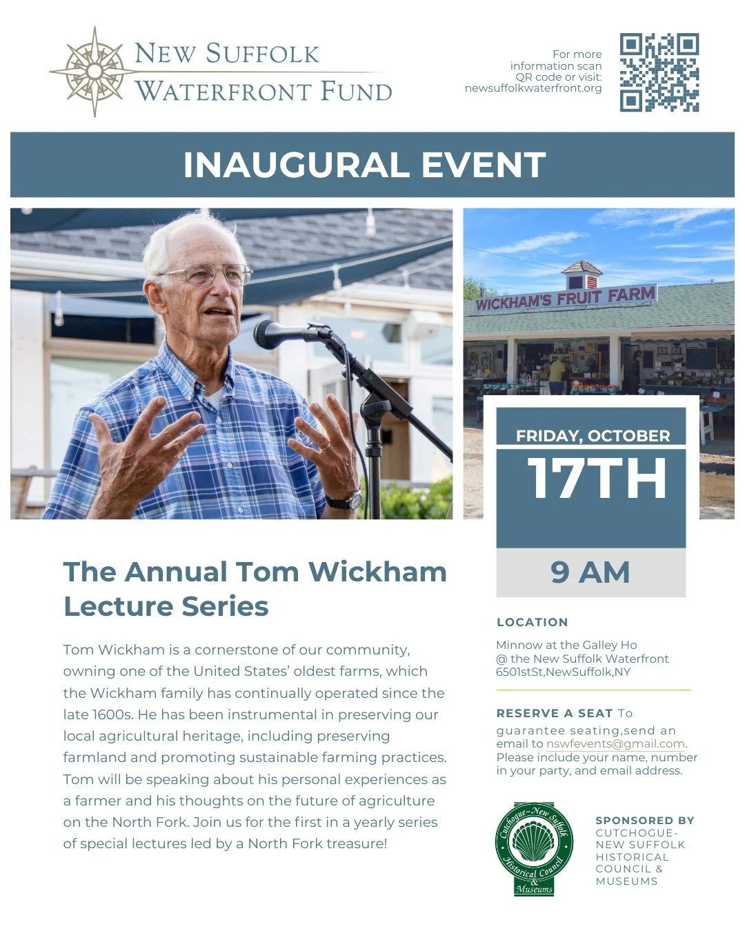 As a founding member of the New Suffolk Waterfront Fund, Tom Wickham was honored at our 2024 Summer Soiree. This year, we're proud to present the inaugural Tom Wickham Lecture Series, with Tom as our first speaker. RSVP for this first in a yearly ser