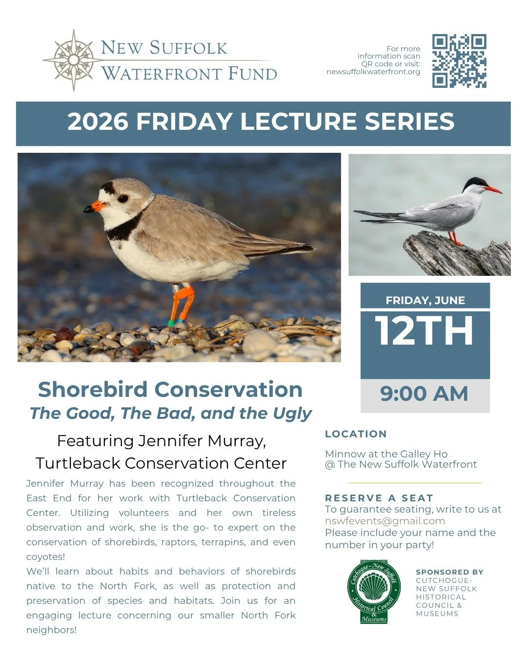 Our Friday Lecture Series is BACK!!! First up, we welcome Jennifer Murray from the Turtleback Conservation Center to talk about shorebird conservation on the North Fork. 

Seating is limited, so reach out to us at 
nswfevents@gmail.com to reserve you