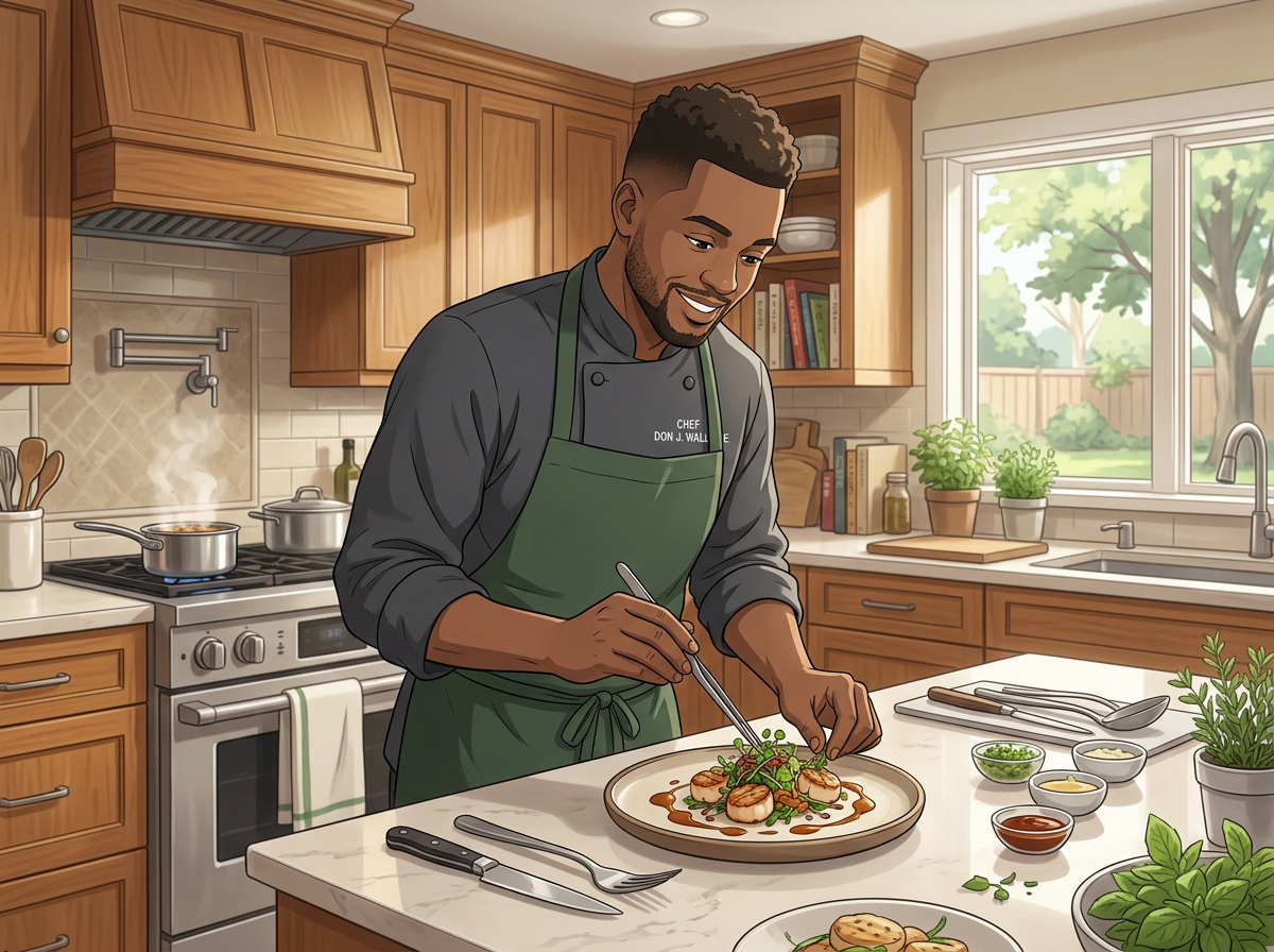 Luxury private chef Chef Don J. Wallace preparing multi-course American Fusion dinner in a West Bloomfield MI home kitchen for Diamond Sweetness Catering