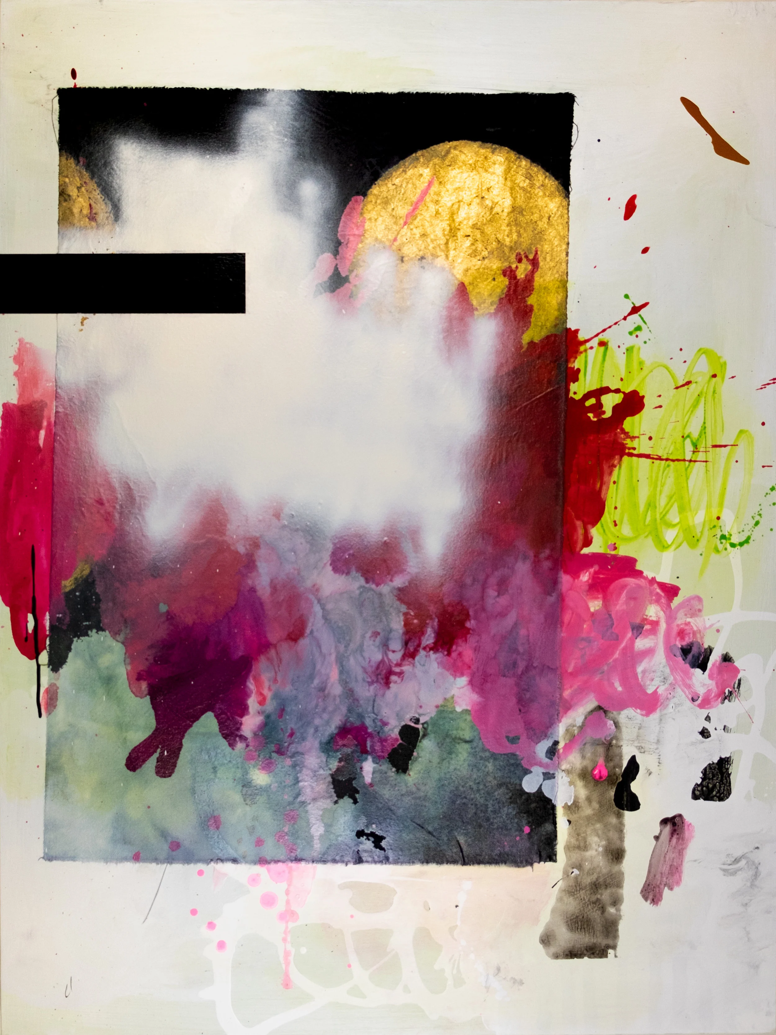 Tantalus, no. 1 Acrylic, Collage, Aerosol and Gold Leaf on Canvas 30” x 40” 2019