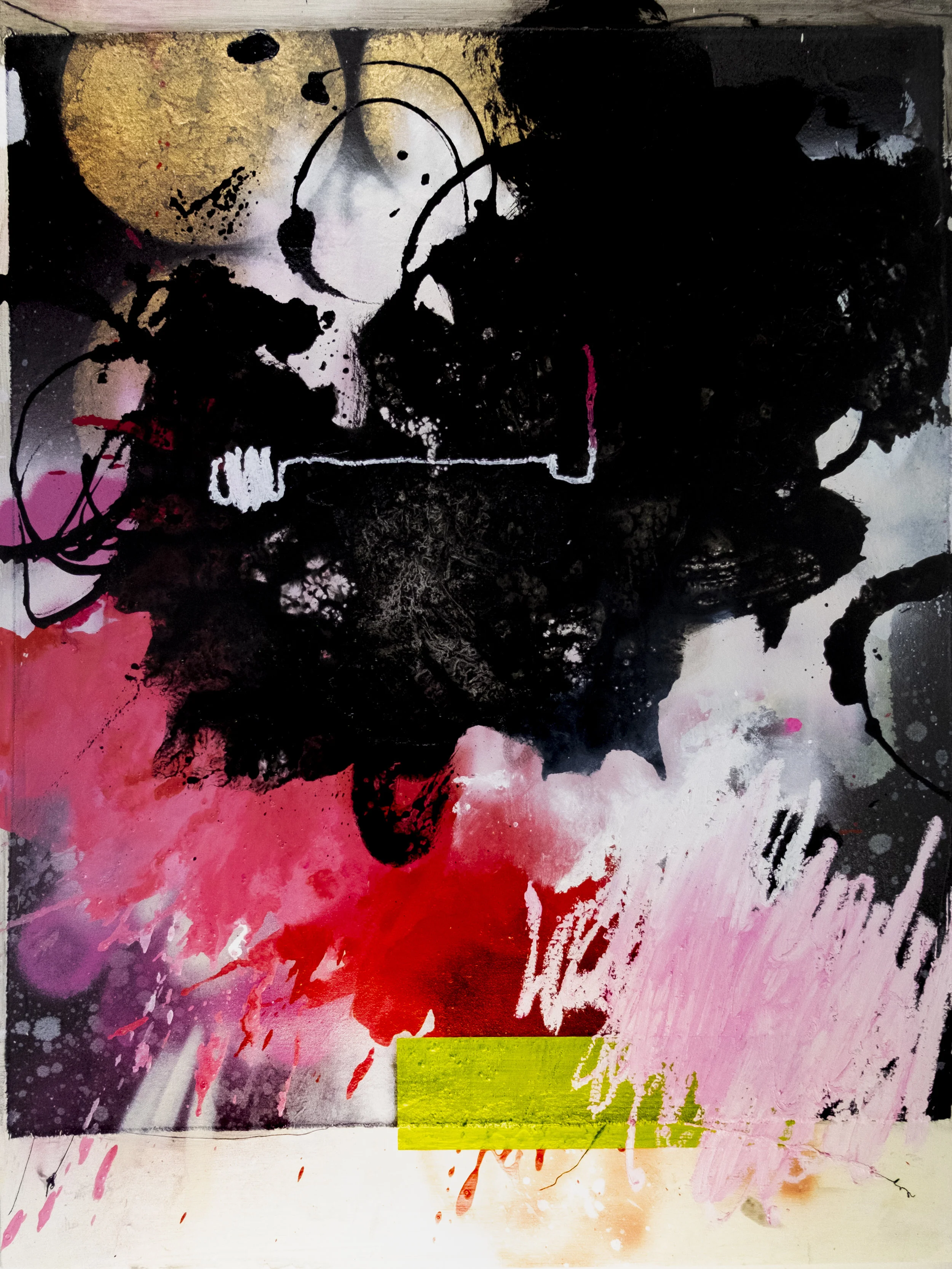 Tantalus, no. 2 Acrylic, Collage, Aerosol, Oil and Gold Leaf on Canvas 30” x 40” 2019