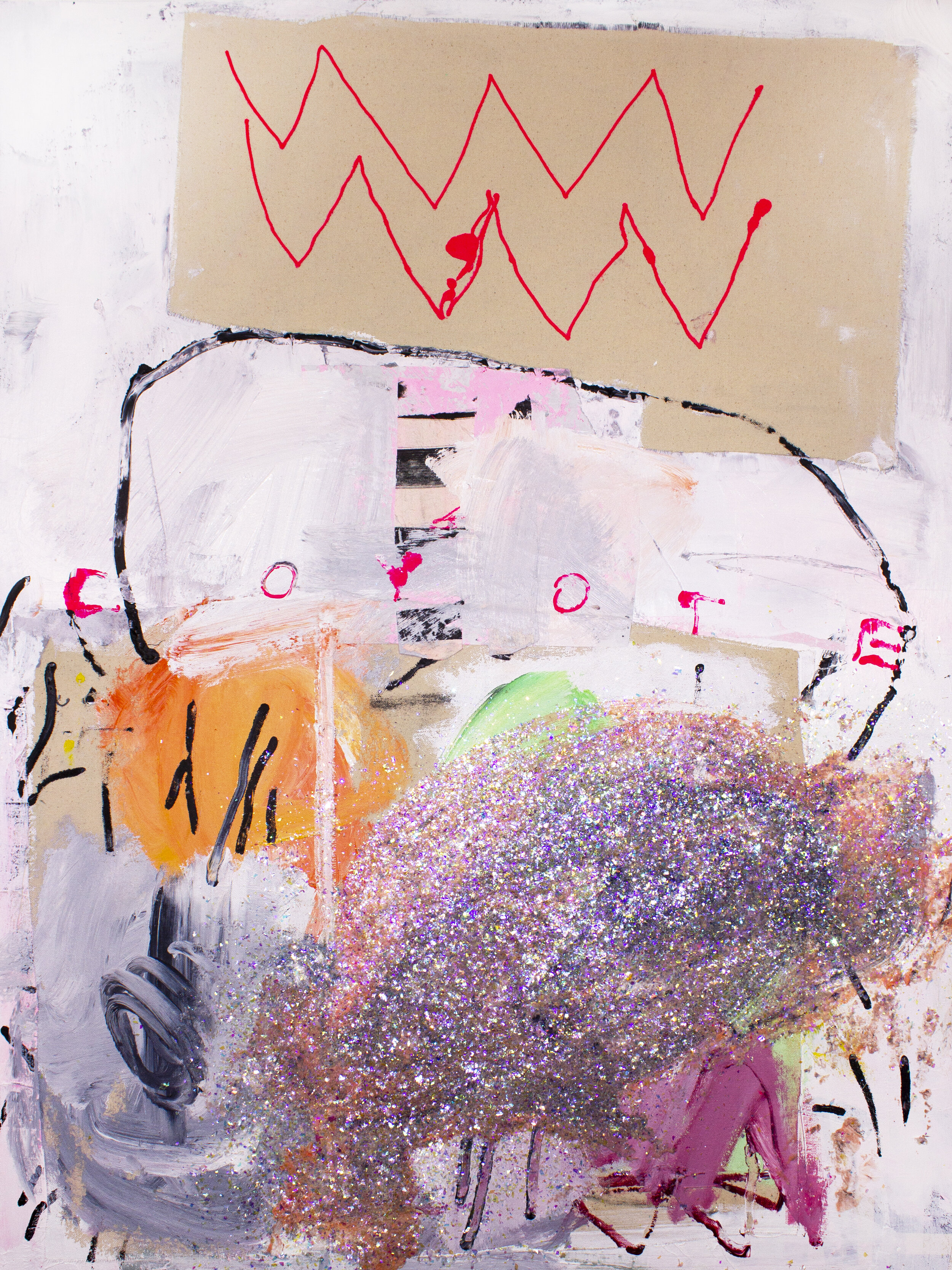 Rikki Lake Coyote Farm Acrylic, Glitter, Collage and Marker on Canvas 40” x 30” 2020