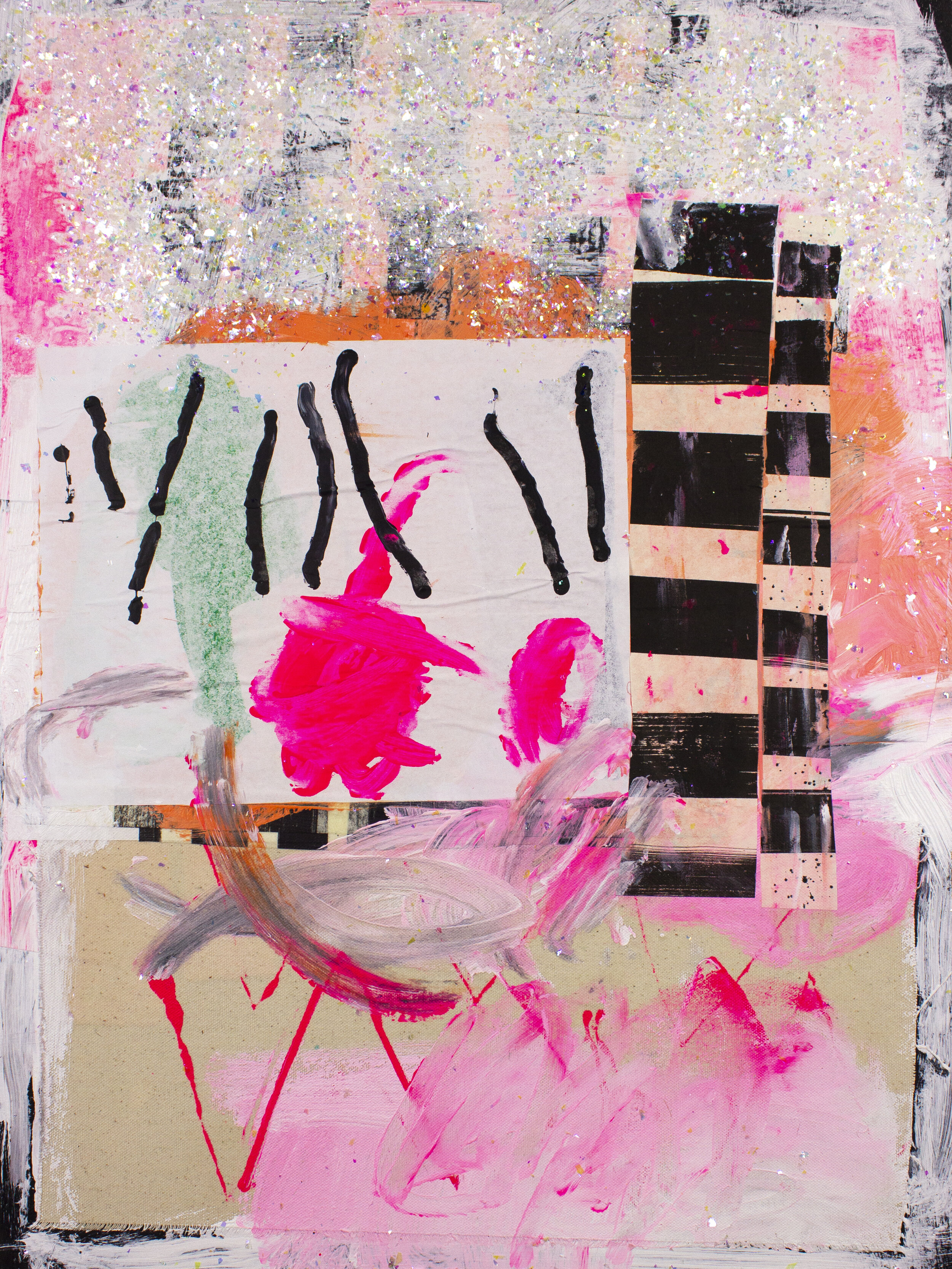 Getting It At Your Own Birthday Party Acrylic, Collage, Glitter and Marker on Cradled Panel 24” x 18” 2020