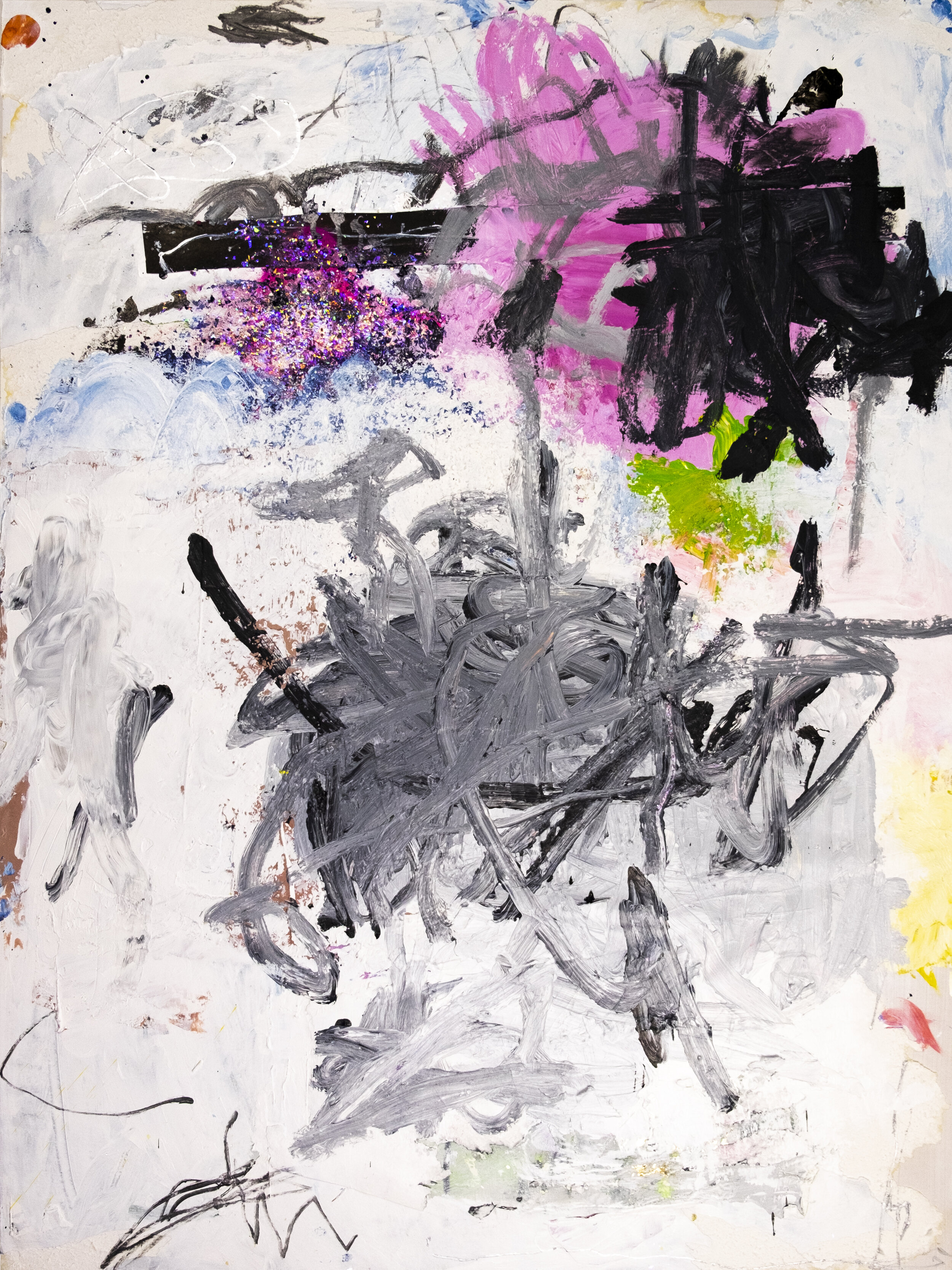 A New And Different Excitement Acrylic, Collage, Glitter, Resin and Aerosol Paint on Cradled Panel 40” x 30” 2020