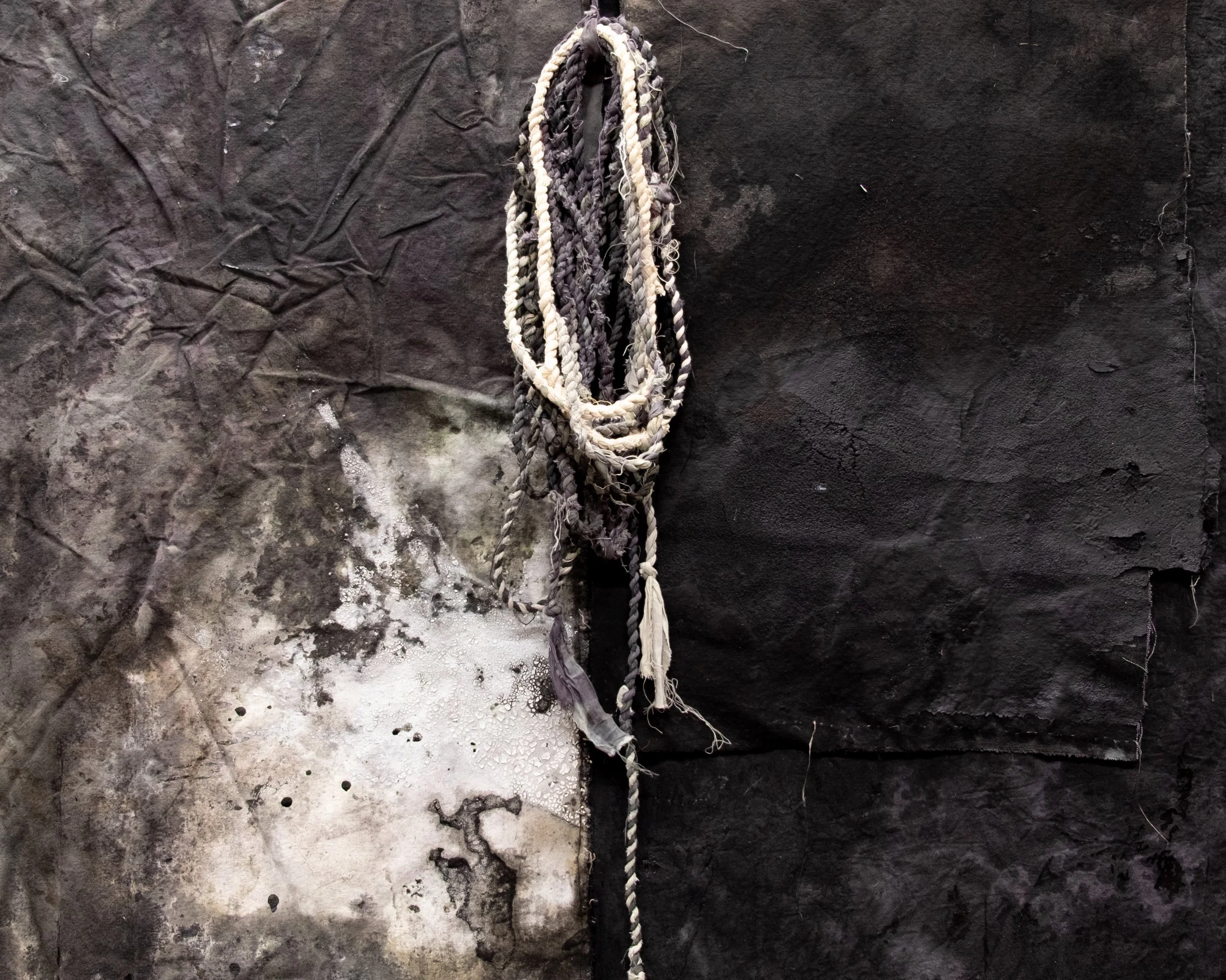   dead man’s coat (detail)   mixed media on sewn cloth and canvas   160 cm x 183 cm  2026 