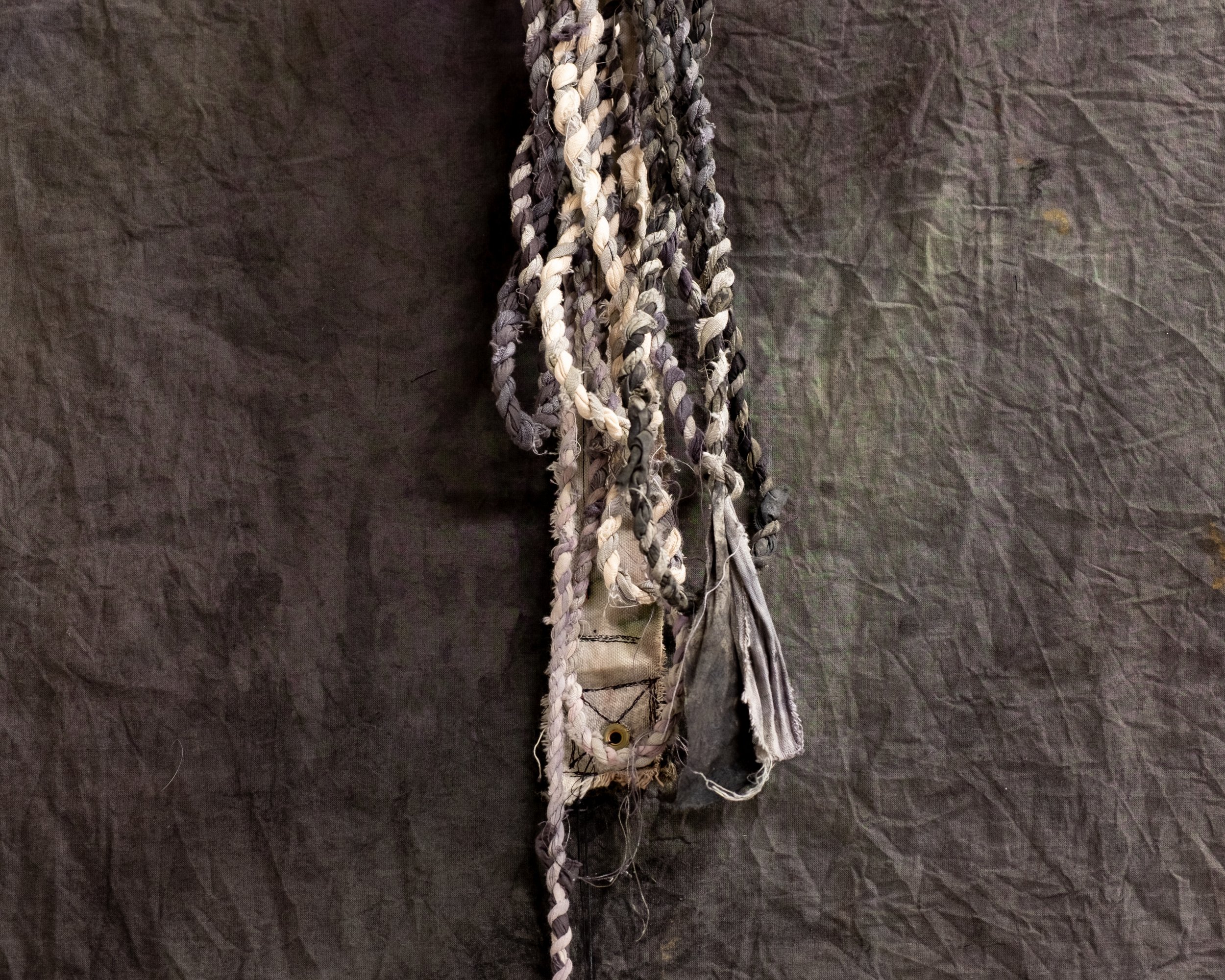   across great distances, we call to one another (detail)   mixed media on sewn cloth and canvas   178 cm x 102 cm  2026 