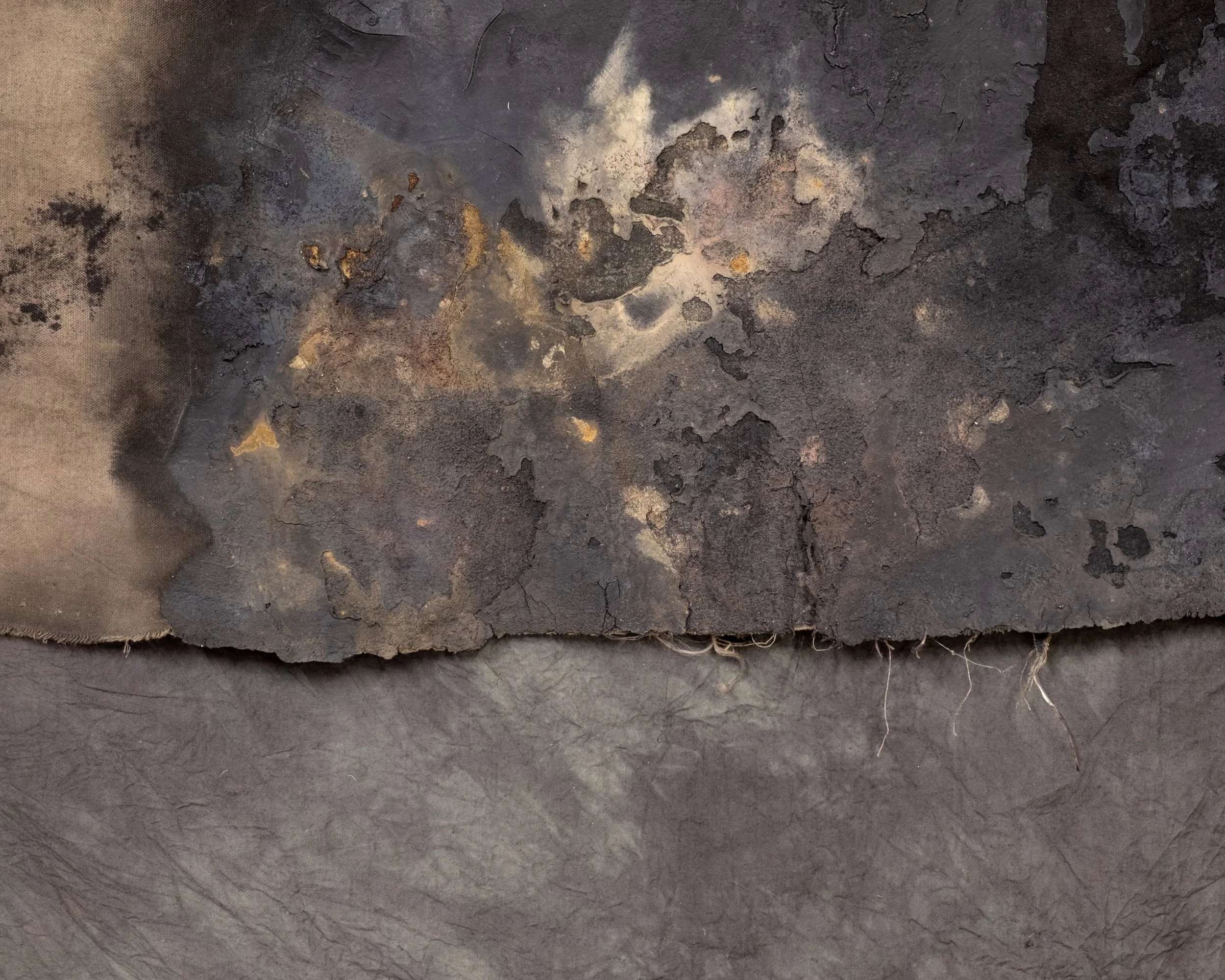   ex luna, secretum (detail)   mixed media on sewn cloth and canvas   133 cm x 124 cm  2026 