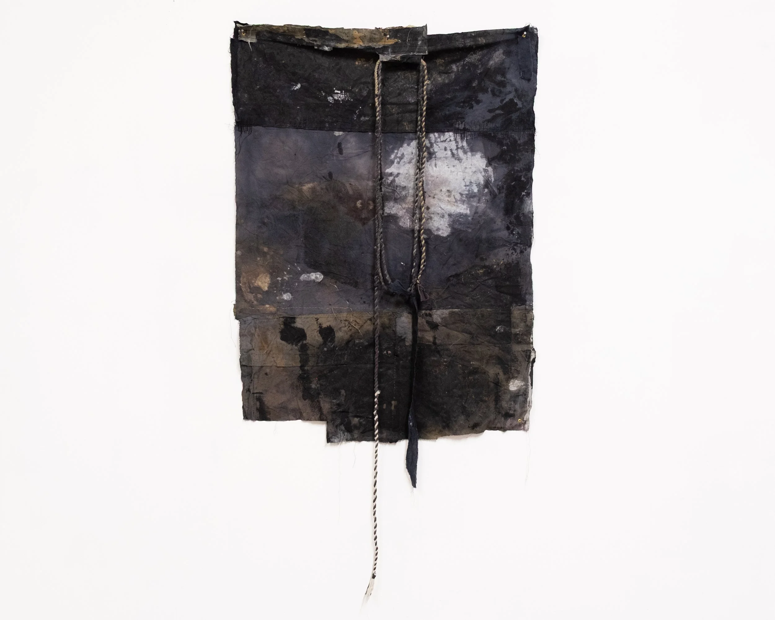   the burden   mixed media on sewn cloth and canvas  175 cm x 92 cm  2026 