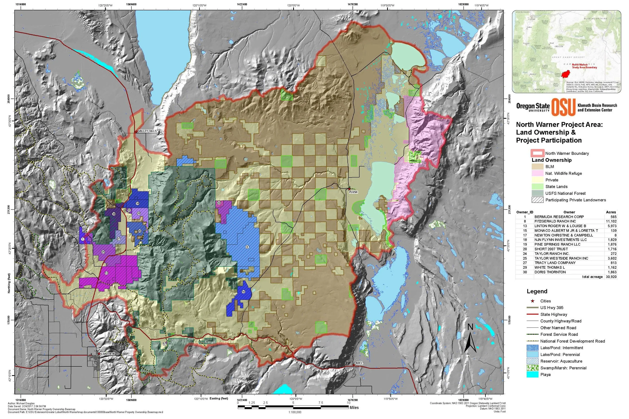 North Warner Property Ownership Map (click to enlarge) - The Project is located within four watersheds: Crooked Creek, Honey Creek, Deep Creek, and Thomas Creek and contains 51,525 acres of National Forest System (NFS) lands, 32,100 acres of non-industrial private forest land, 17,865 acres of industrial private forest land, 47,220 acres of private land, and 1,290 acres of Bureau of Land Management (BLM) land.