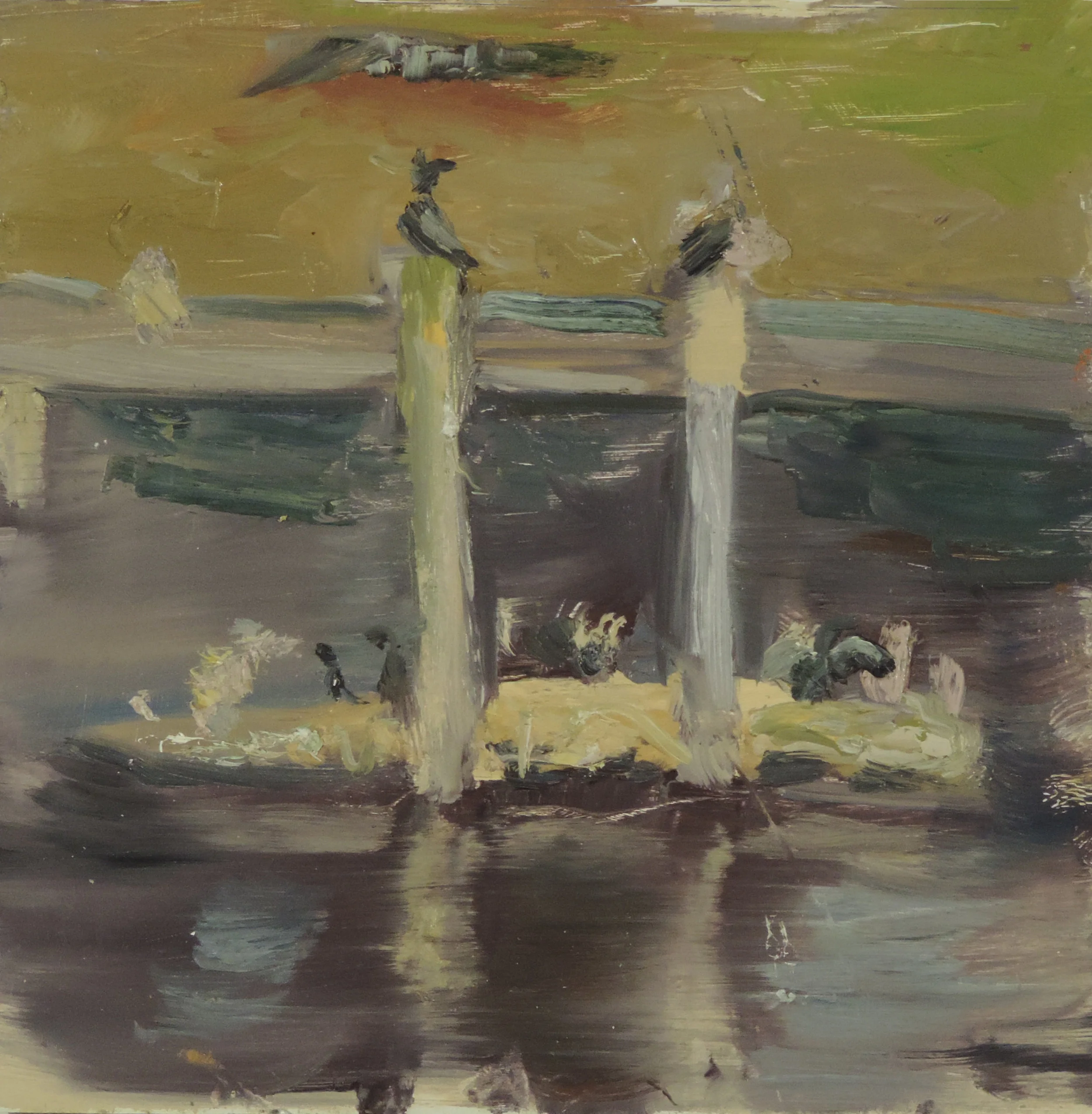 Cormorants on Dock oil on mdf. 11.5 inches x 11.5 inches