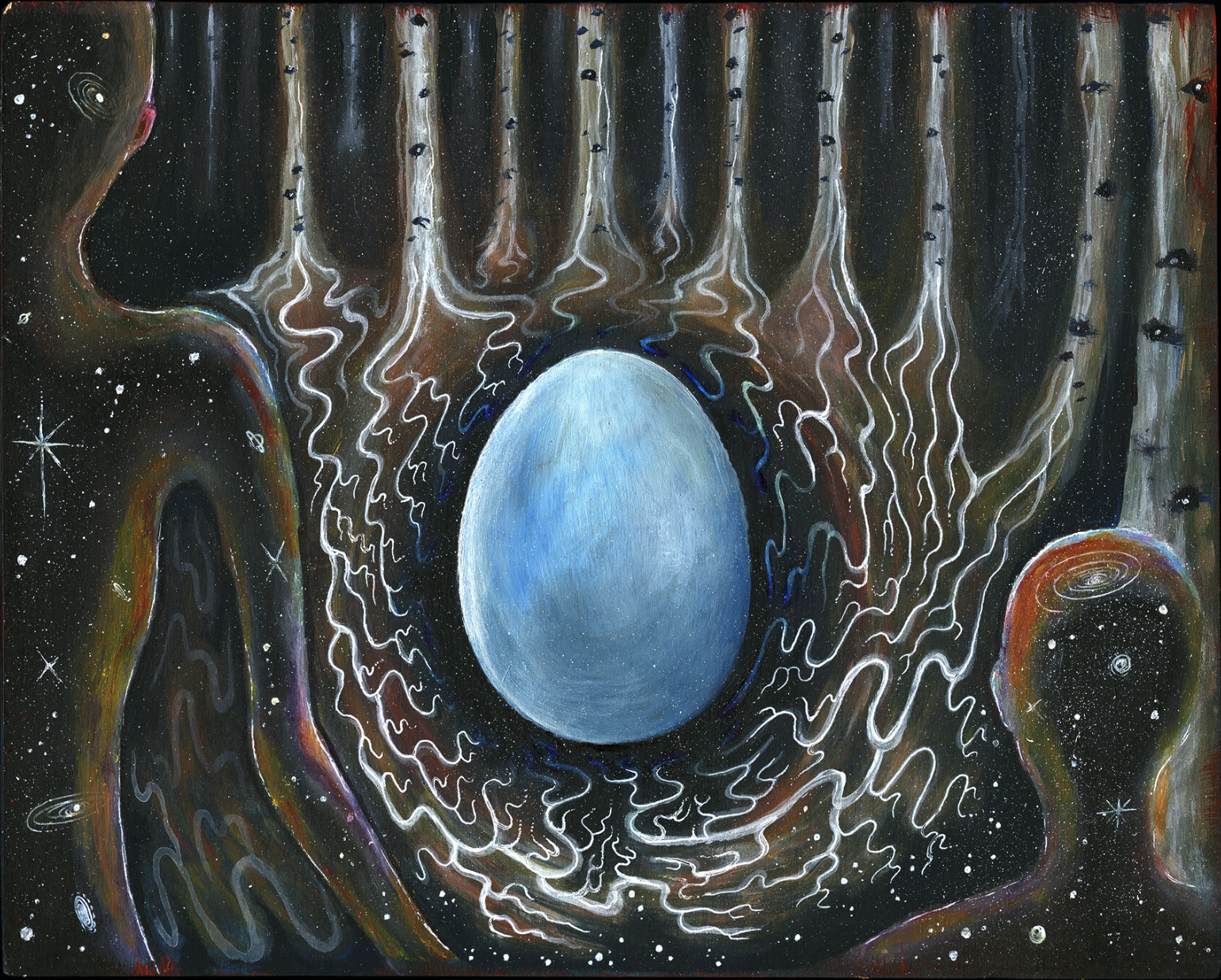  Acrylics and alcohol markers on wood.  Part 1 of a mysterious narrative involving two cosmic beings and a psychedelic egg inside of a deep dark forest. 