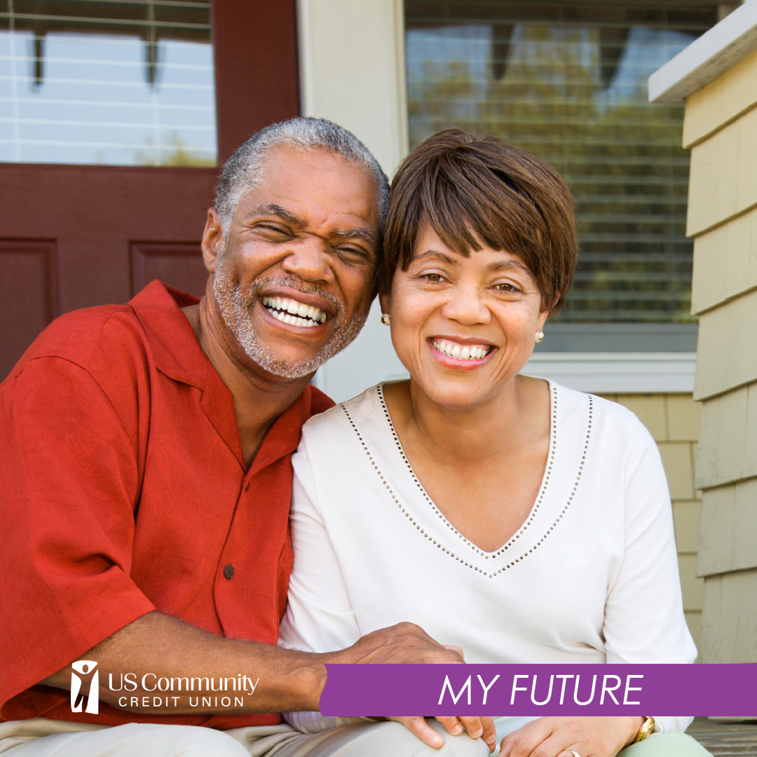 A smiling older couple, sitting on their front porch
