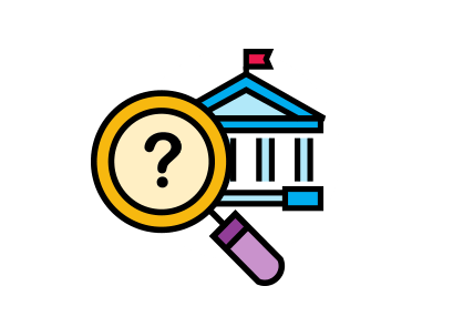 A magnifying glass with a question mark overtop of a bank building
