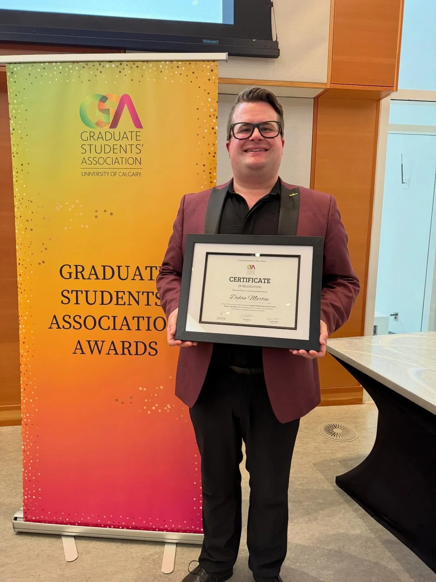 Tonight I was awarded a @gsacalgary Graduate Student Experience Initiative Award. I&rsquo;m thrilled to be recognized for the work I&rsquo;ve been doing for the Grad students in the @ucalgaryscpa and I&rsquo;m looking forward to seeing what happens n