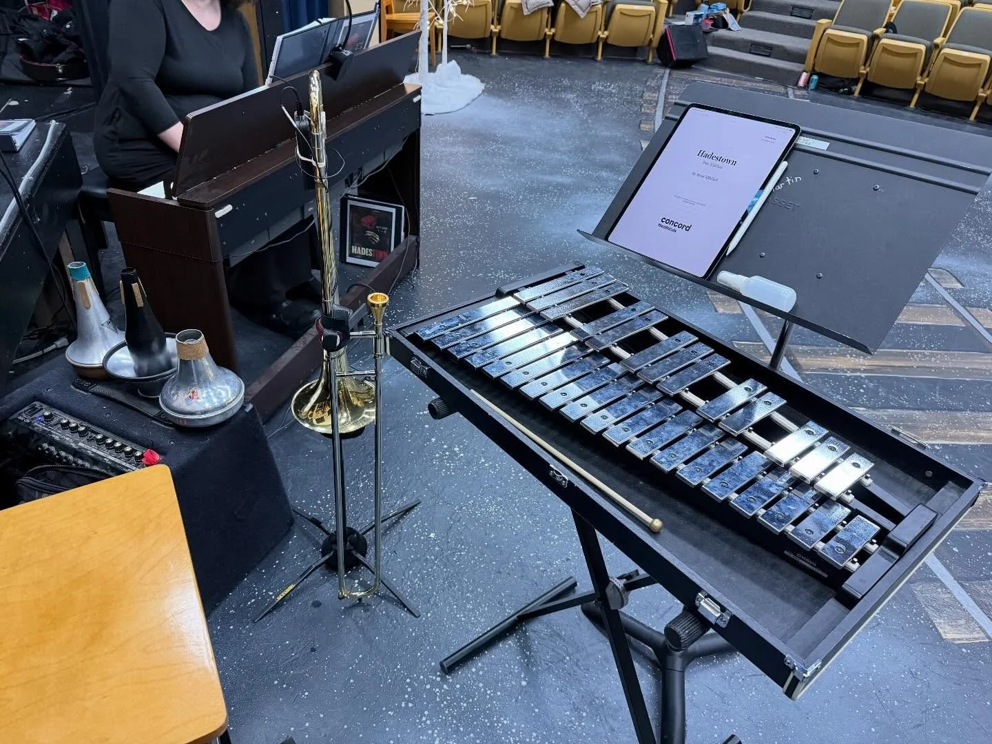 My battle station for the next week of shows of Hadestown! Super fun musical that I&rsquo;m happy to get an opportunity to play! And yes, your eyes done deceive you, I also play glockenspiel! #trombone #yyc #yycmusic #glockenspiel #📎 #hadestown #str