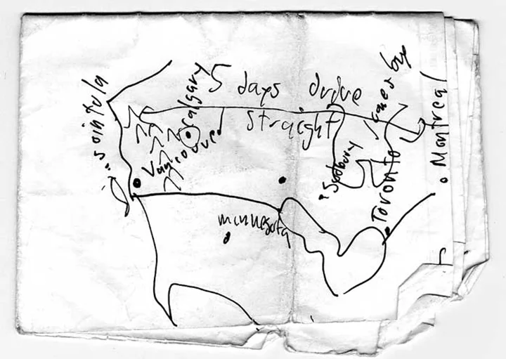 This map was drawn on a napkin in a bar in Trondheim, Norway by the Canadian Artist Peter Flemming, when explaining about Canada. Lars kept the map in his bag for weeks and later found it and scanned it.