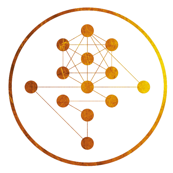 A circular diagram with interconnected nodes, resembling a network or blockchain graphic, in shades of orange and yellow.