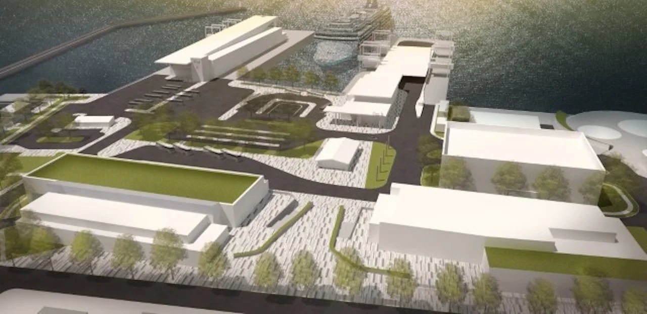 The proposed Ogden Point Master Plan redevelopment, showing a new pedestrian/bike entrance in foreground flanked by two proposed commercial buildings along Dallas Road. The building in the centre is the proposed First Nations cultural and retail centre. Beyond that is the new Pier B terminal building that accompanies buses on the bottom level. Image by Stantec Consulting Ltd., provided by GVHA .