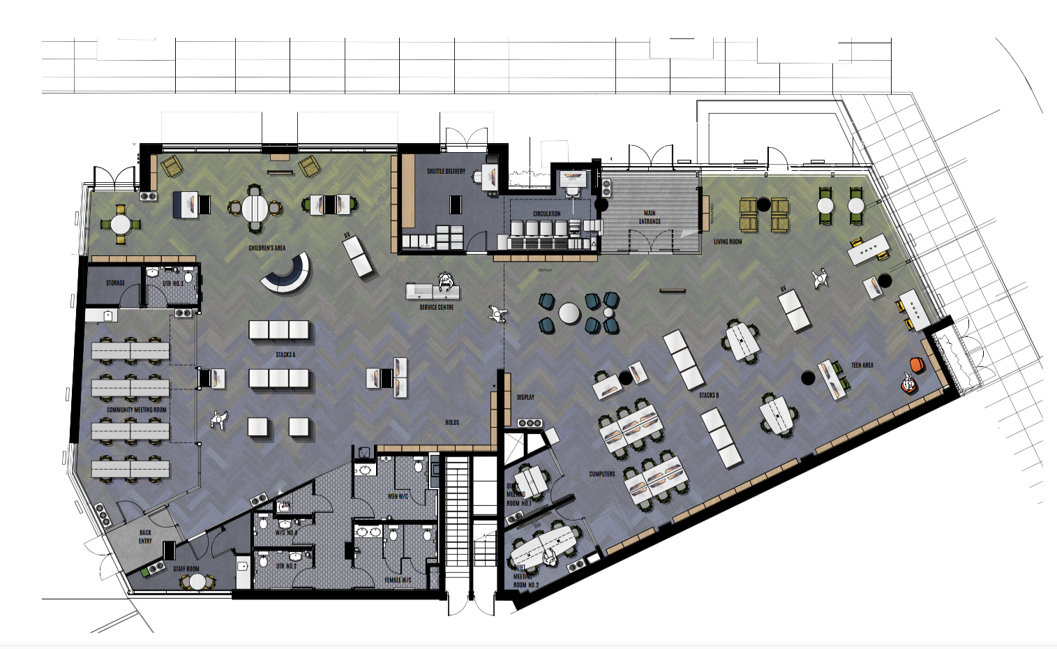 Image Caption : Architect’s plan of the sxʷe ŋ’ xʷəŋ ta ŋ’ exw James Bay Branch Library. The children’s area is in the top left, while the teen area is on the bottom right, just below the laptop bar and mobile charging stations. Library assistance is provided from the central desk, while circulation is at the top centre. The main set of 12 computer stations are near centre bottom. The larger meeting room has seating for 24 and can be separated from the main library through vertically sliding dividers. The other meeting rooms are just to left of the computer stations. Image provided by GVPL