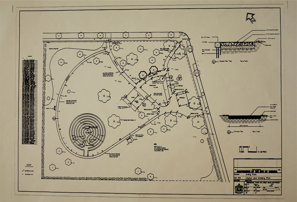 City of Victoria diagram of Irving Park with a labyrinth in its western corner. The “Irving Park Layout and Grading Plan” (title, lower right) accompanied Deborah Bate’s August 14, 1998 letter to Candis Elliott from the Engineering & Parks Department of the City of Victoria (Loeppky archive).