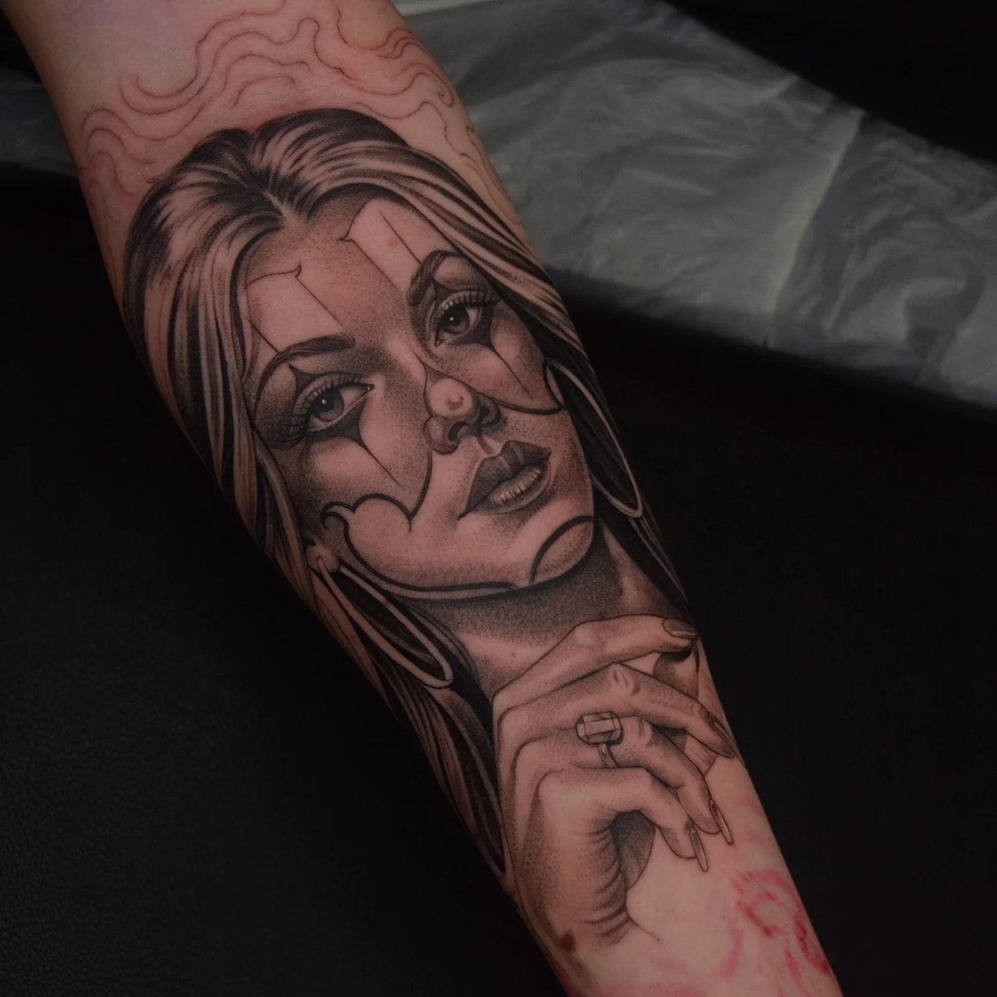 Great first week back, started some great projects. Here&rsquo;s a start I made on this sleeve for Reilly 👊  #clowngirl #killerink #bnginkedsociety #blackclawneedle #inksav