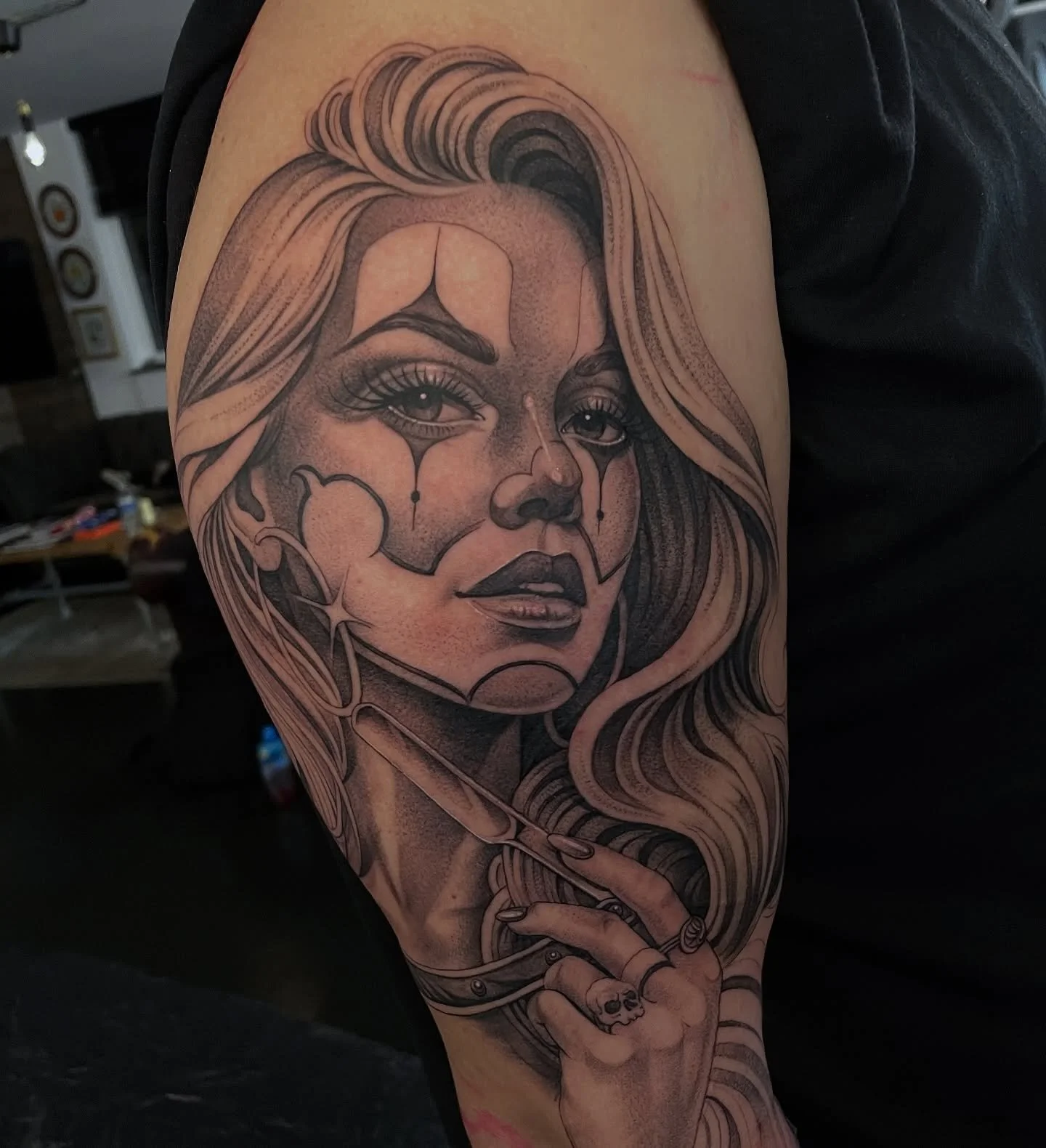 Work in progress Clown girl,background to come!💈 ✂️ #nathansmithtattoo #killerink #bnginkedsociety #skinartmag #inksav