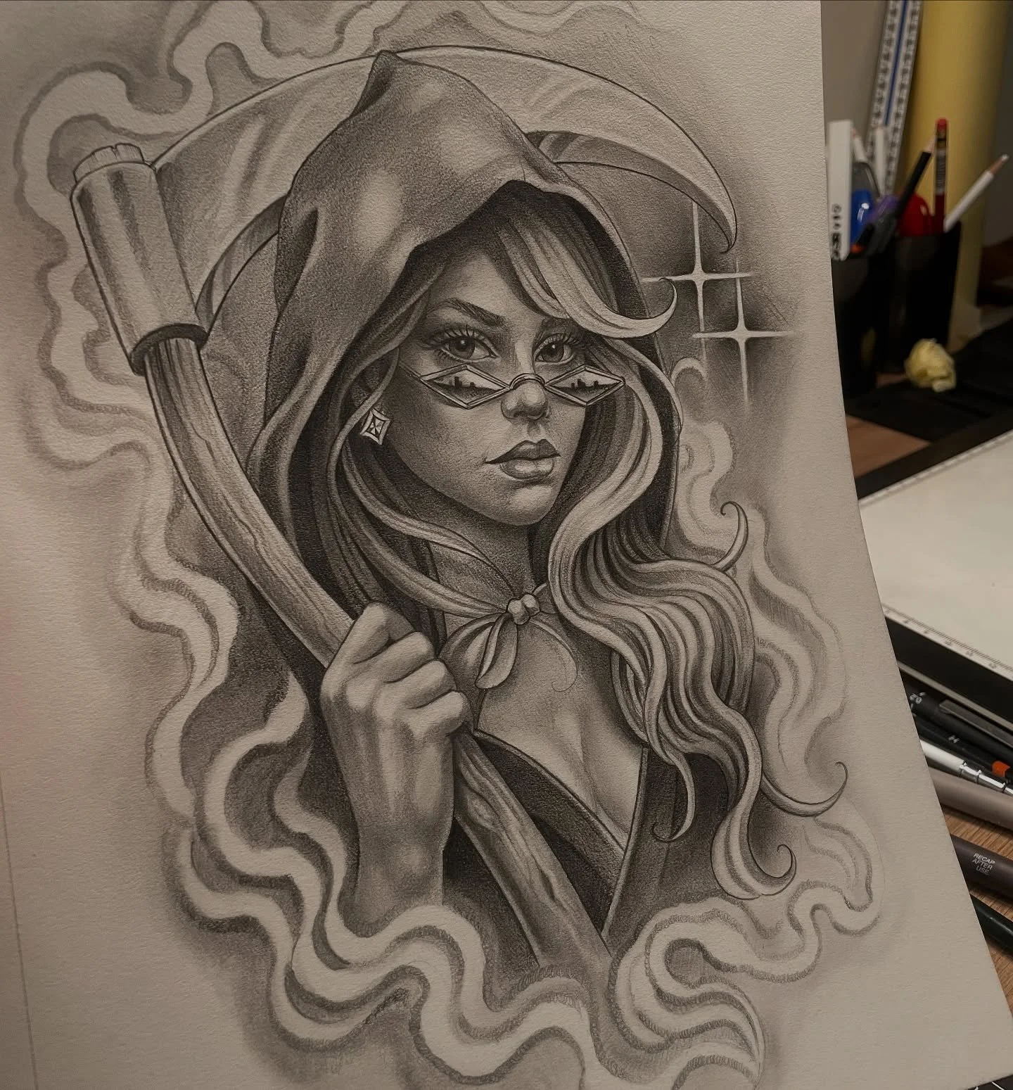 Your reminder to pick up some pencils and draw on some paper ✏️ #grimreaper #nathansmithtattoo #worldofpencils #blackandgrey #graphite #pencil