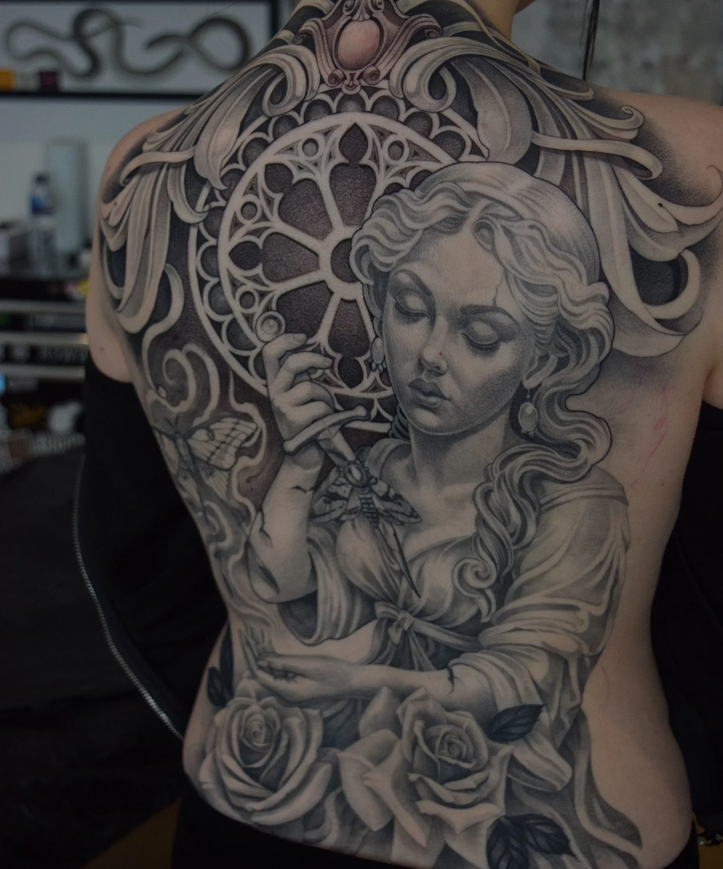 Better photo of Mia&rsquo;s Back before I done some re-hits in some spots. Nathansmithtattoo@gmail.com