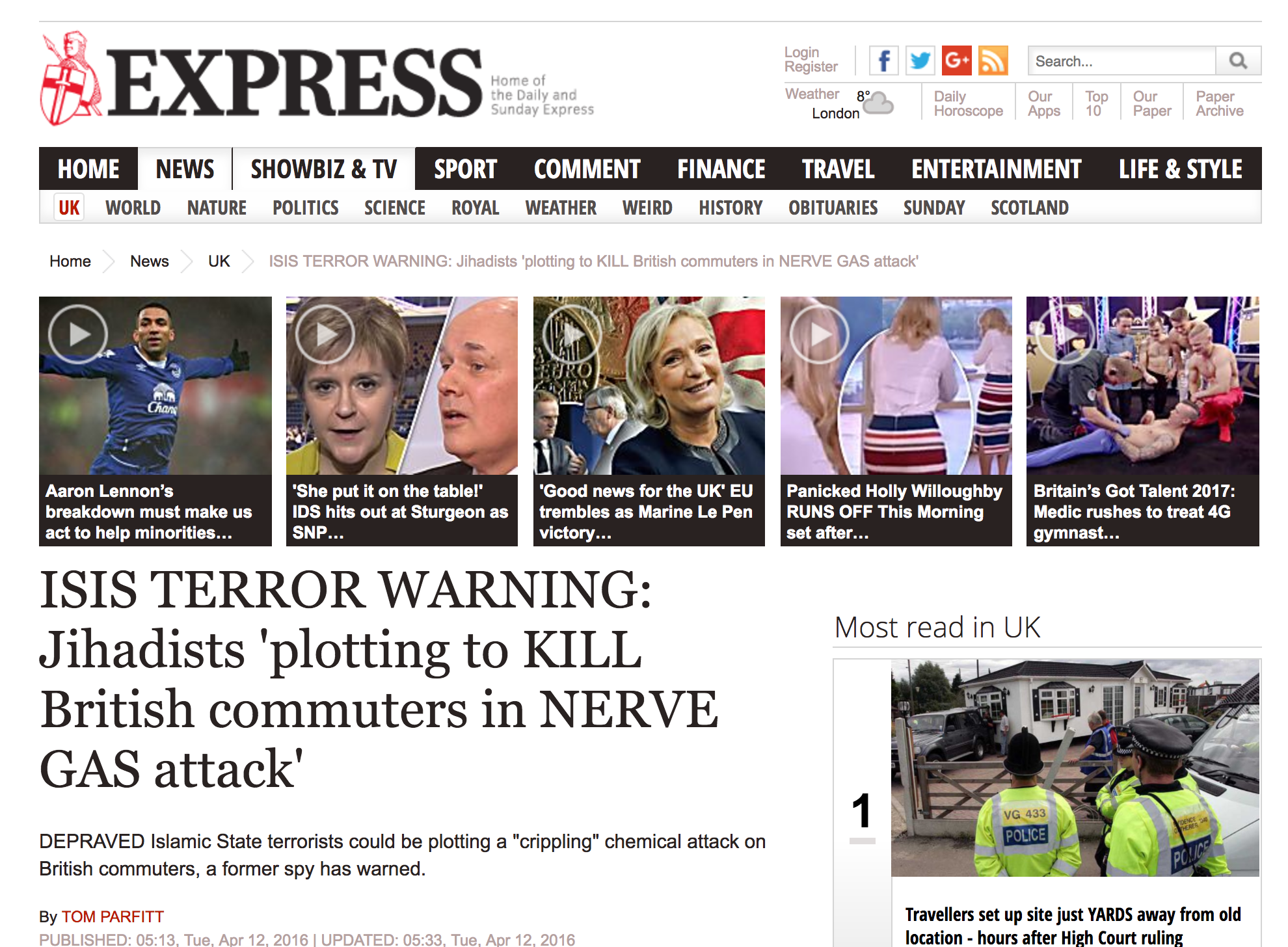 EXPRESS DAILY NEWS - April 2016 Last night security expert Tony Schiena said a sickening attack on London's Tube network using nerve gas Sarin is not "out of the question". The deadly poison killed 13 people and seriously injured 50 more after a 1995 attack on Tokyo's subway by the Aum Shinrikyo cult.