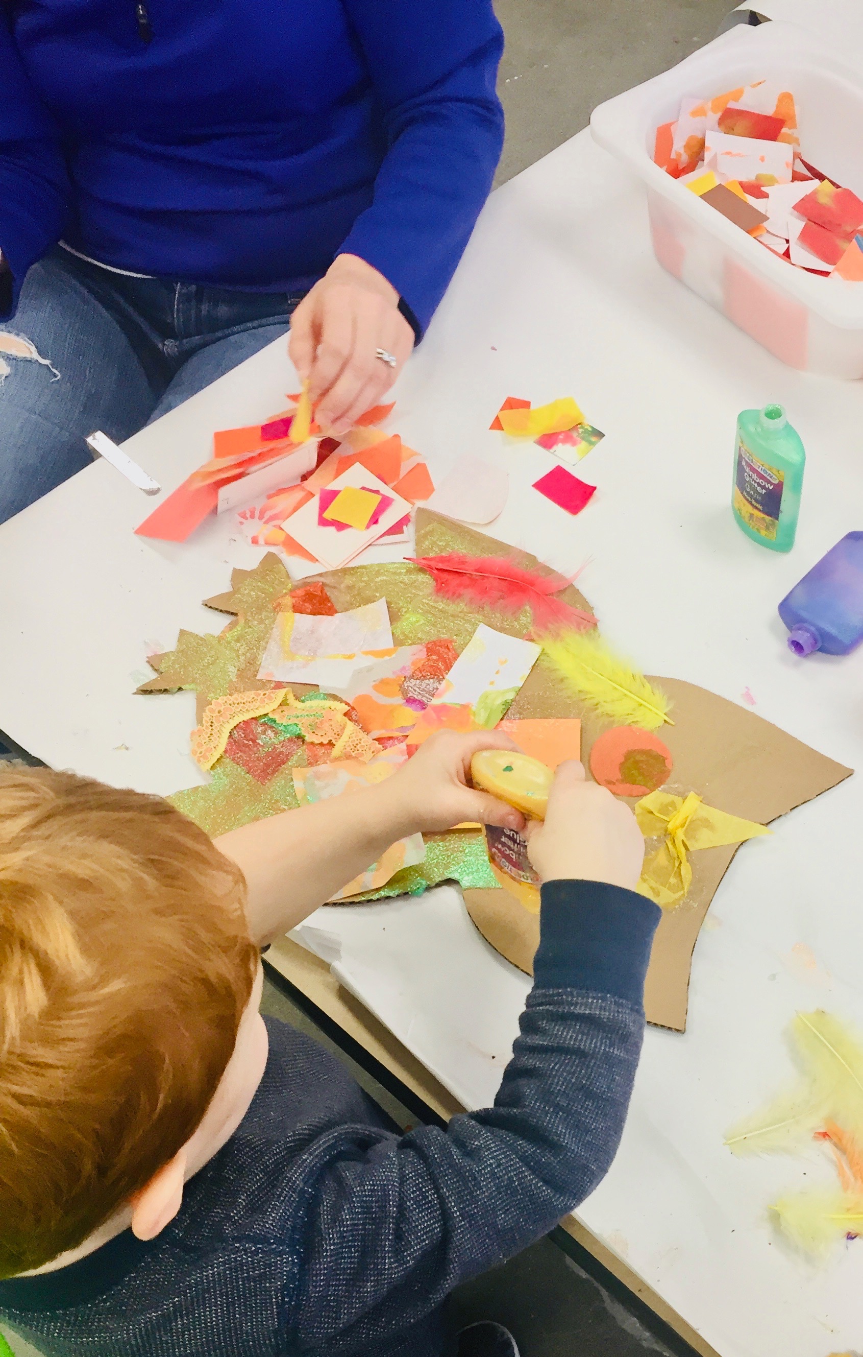 Owl preschool mixed media art using collage materials and glitter glue