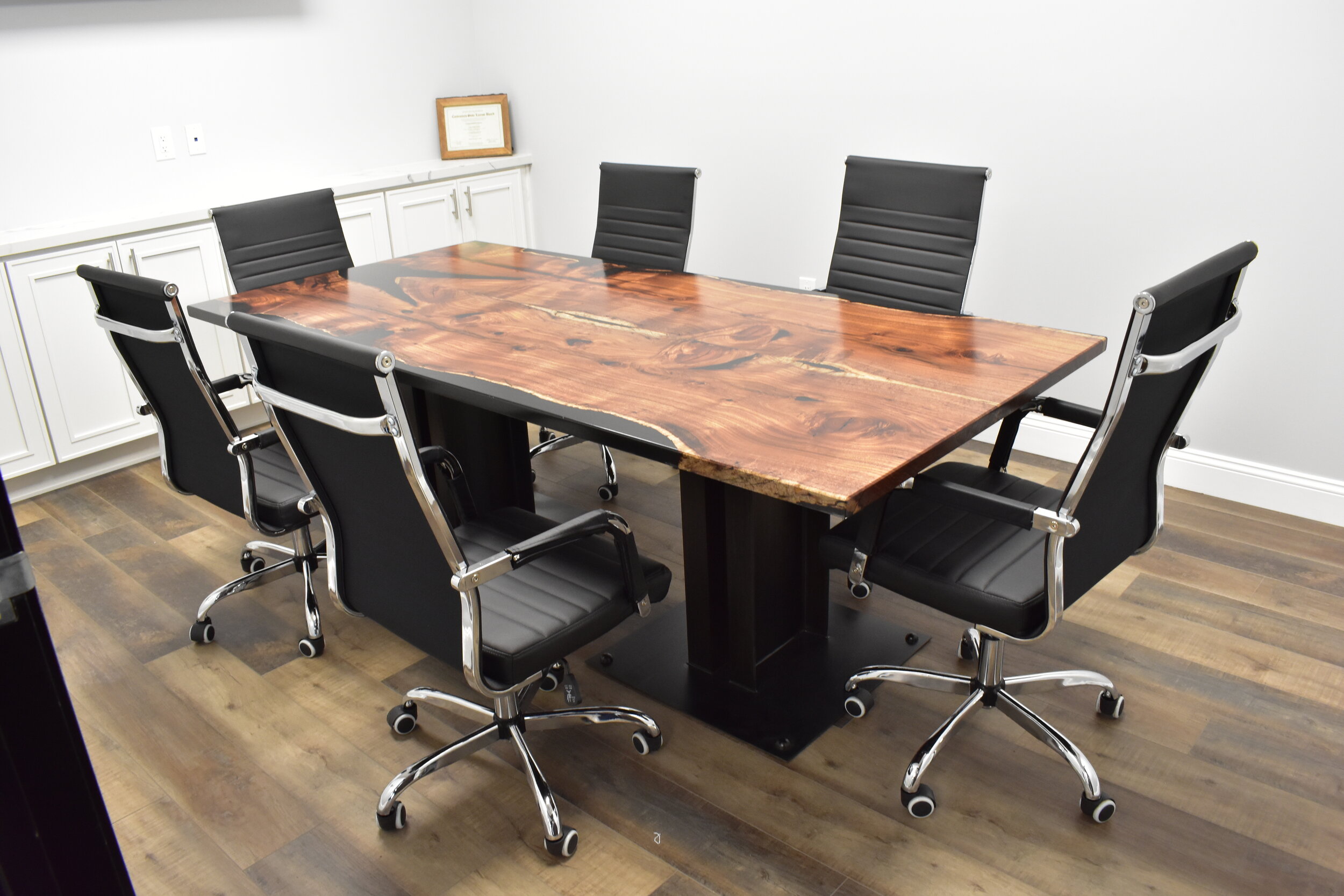  Conference Table- Book matched Wood top with Industrial steel base (black patina finish) 