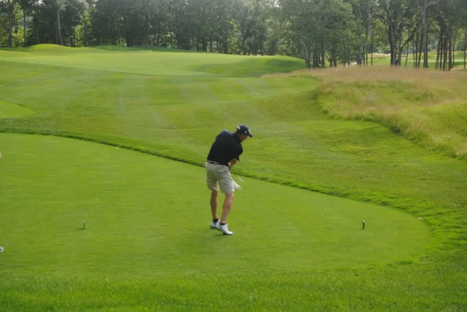 Kevin hits his tee shot on the very tough 12th hole