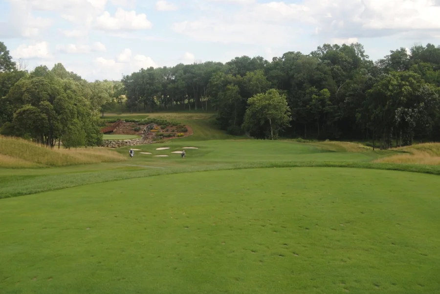 The signature 13th hole at Valhalla from the tee box...my tee shot landed in between those last two bunkers left of the green