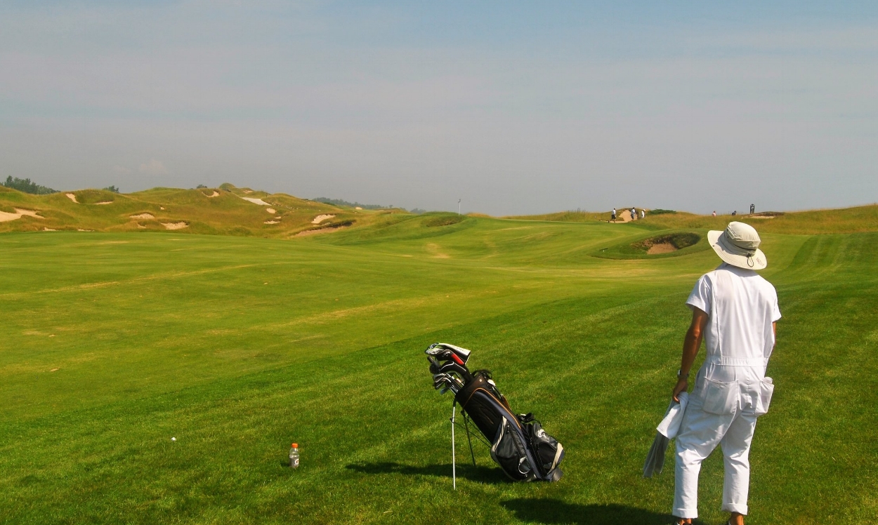 My look at the green after my tee shot on the 10th hole. The flag is tucked behind the bunker on the left front of the green. I went straight a the flag.