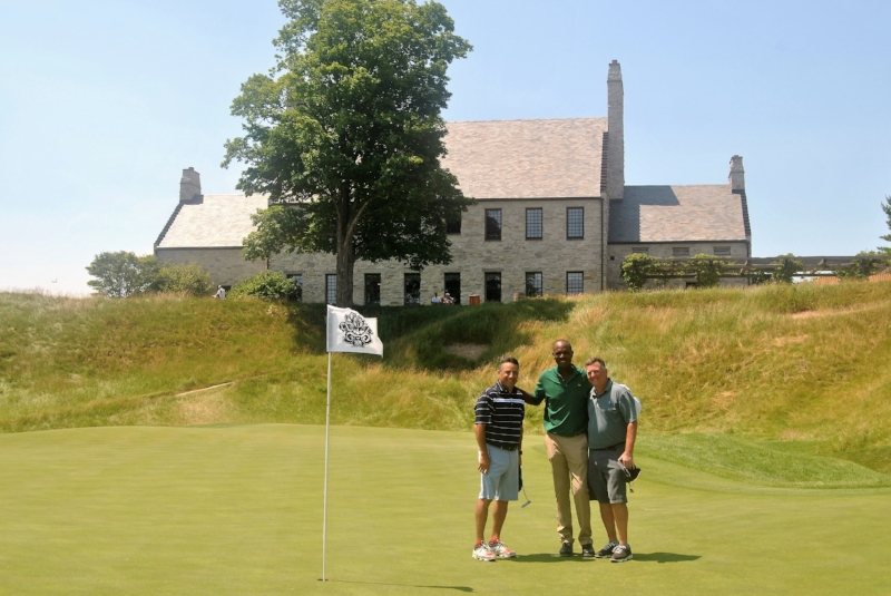 Me with Mark and Ken on the 18th green. They were right, who cares about scores on a course like this and on a beautiful day like this.